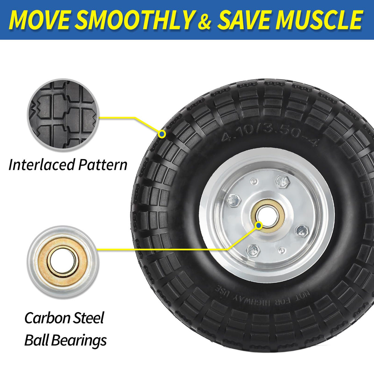 GICOOL 4.10/3.50-4" Flat Free Tire and Wheel, 10" Heavy Duty Solid Tire, 5/8" Axle Bore Hole, 2.2" Offset Hub, for Hand Truck Garden Cart Wagon Trolley Dolly, 2 Pack