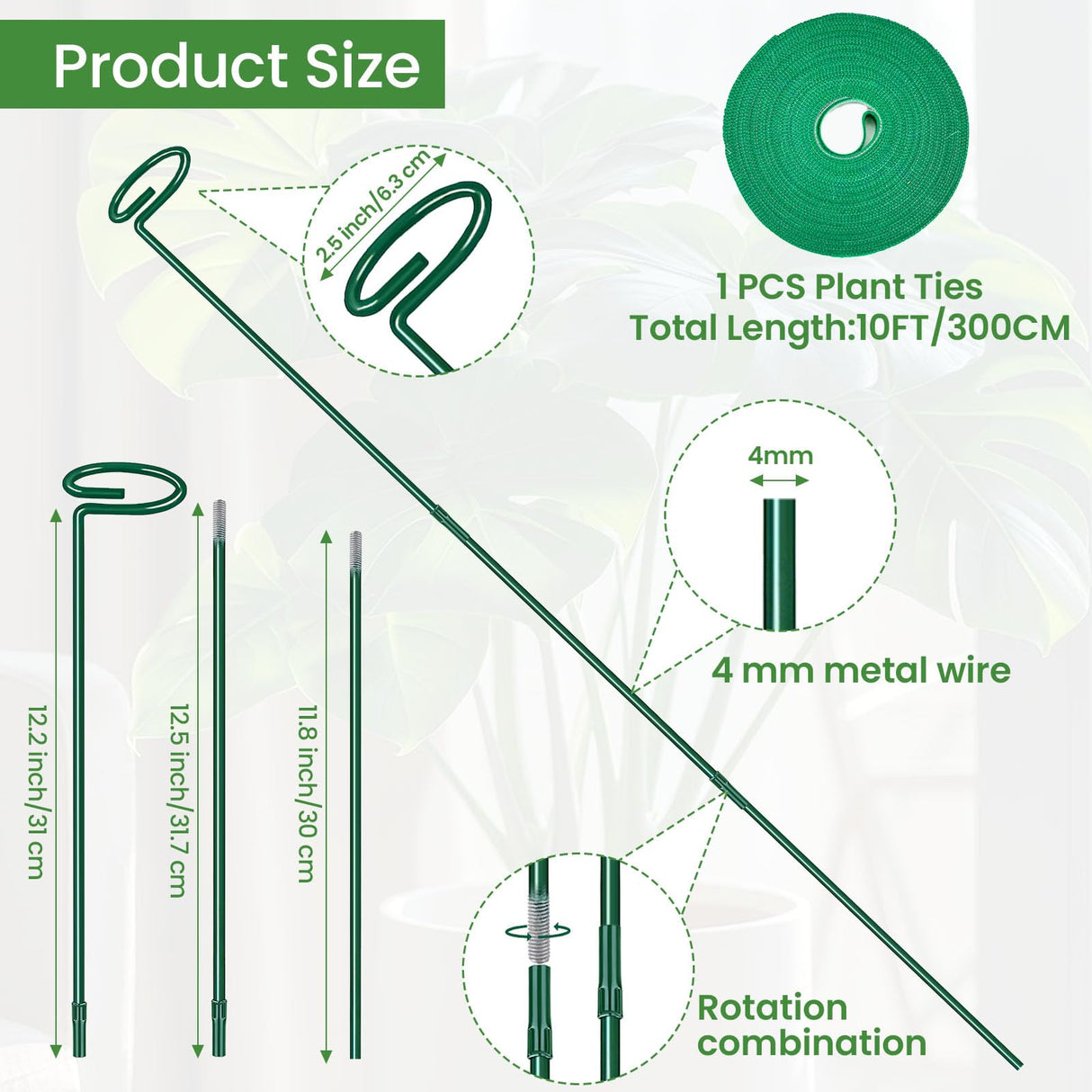 Plant Support Stakes 6 Pack, 12/24/36 Inch Heavy Duty Metal Plant Stakes, Adjustable Garden Plant Support Cages/Rings for Outdoor Indoor Plants, Plant Stick Support for Amaryllis Tomato Peony Orchid