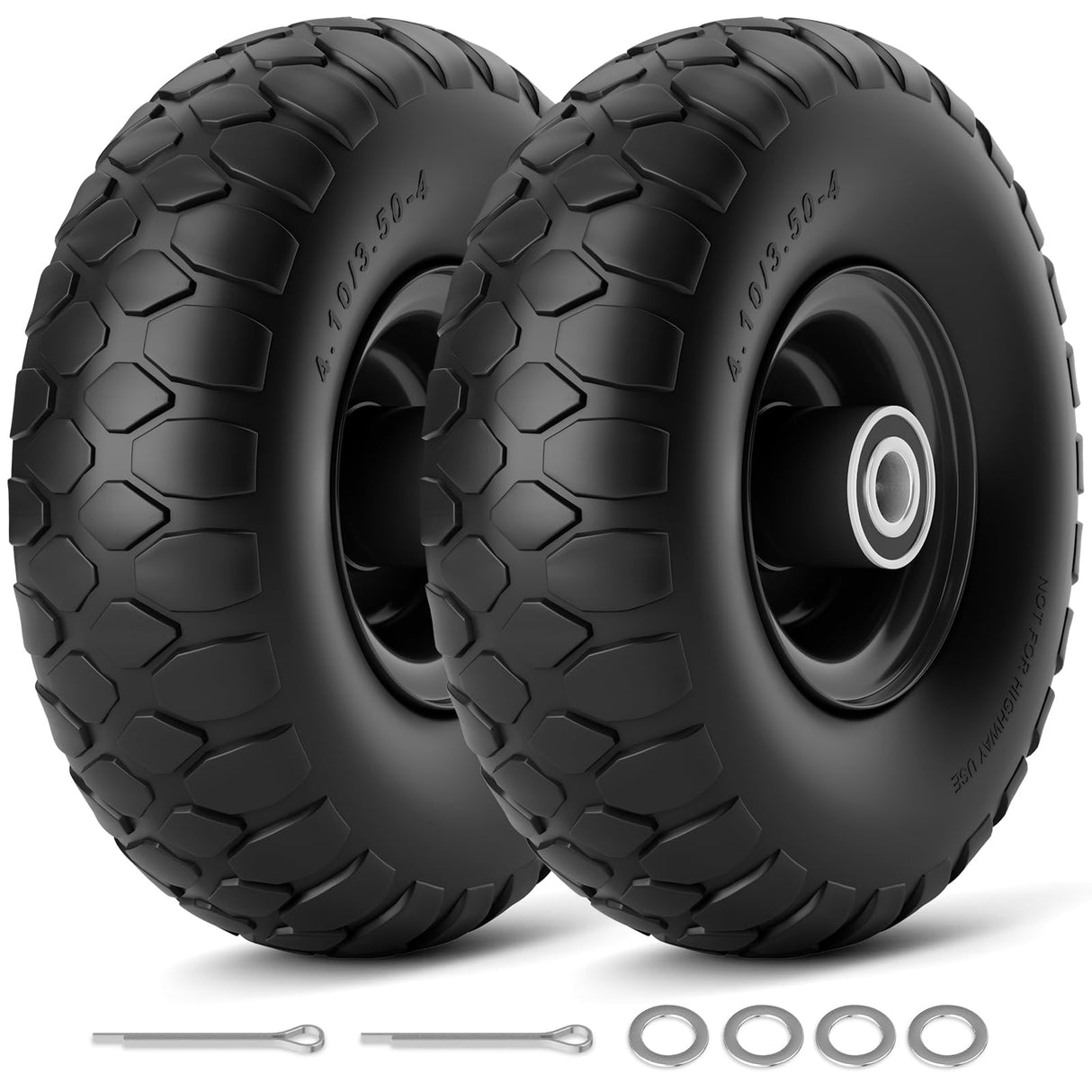 RONPOW 4.10/3.50-4 Flat Free Tire, 10 Inch Solid Tires, 500Lb Heavy Duty Replacement Wheel with 5/8" Bearings, Compatible with gorilla Cart, Garden Carts, Dump Wagons, Dolly & Hand Trucks, 2Pack Black