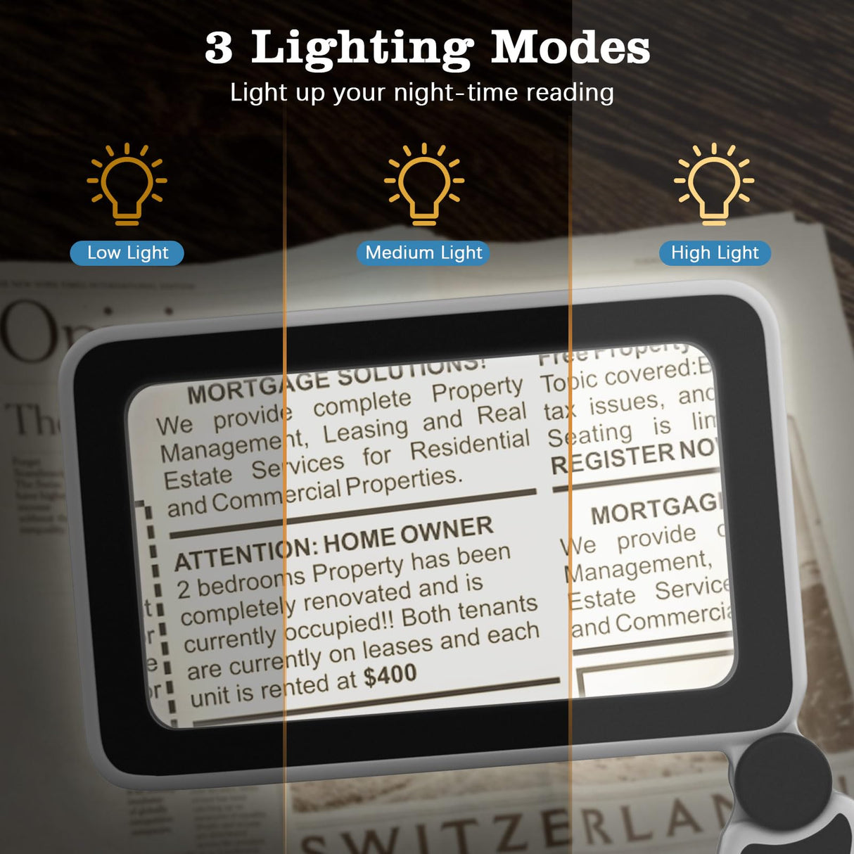 MoKo Magnifying Glass for Reading, Rechargeable 4X Full Page Book Magnifier, Magnifying Glass with Light 3 Modes, Folding Handheld Reading Magnifiers for Seniors Elderly Low Visions,Black