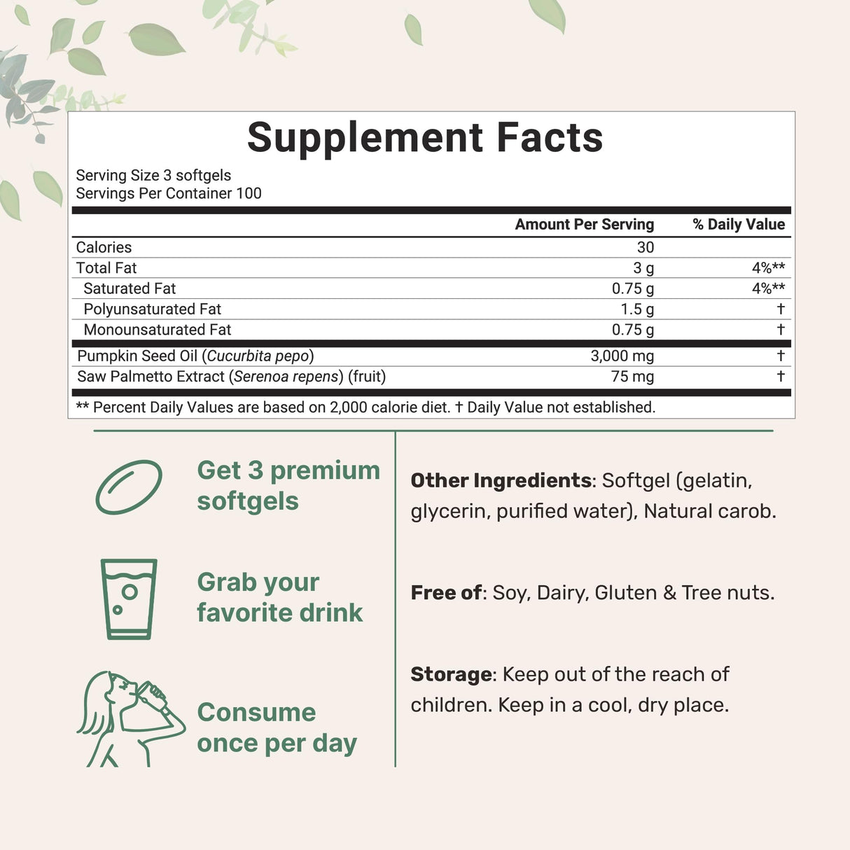 Pumpkin Seed Oil with Saw Palmetto, 3000mg Per Serving, 300 Softgels | Cold Pressed, Pure Virgin Oil, Essential Fatty Acids & Phytosterols | Supports Hair, Urinary, Bladder & Prostate Health | Non-GMO