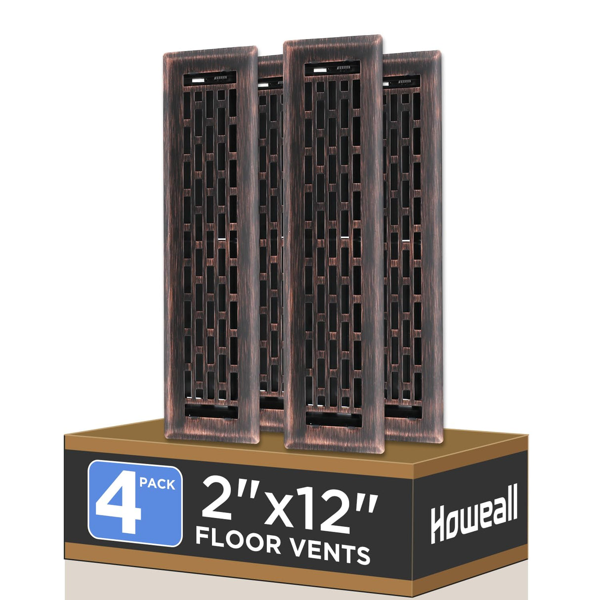 Howeall 2x12 Inches 4 Pack Heavy Duty Walkable Floor Register - Easy Adjust Air Supply Lever Decorative Floor Vent Covers, Boston Design Vent Covers for Home - Oil Rubbed Bronze