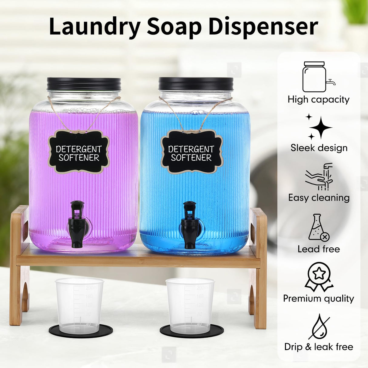 2-Pack Laundry Detergent Dispenser with Bamboo Stand,1 Gallon Laundry Soap Dispenser with Measuring Cup,Glass Laundry Detergent Containr for Laundry Room Organization and Storage