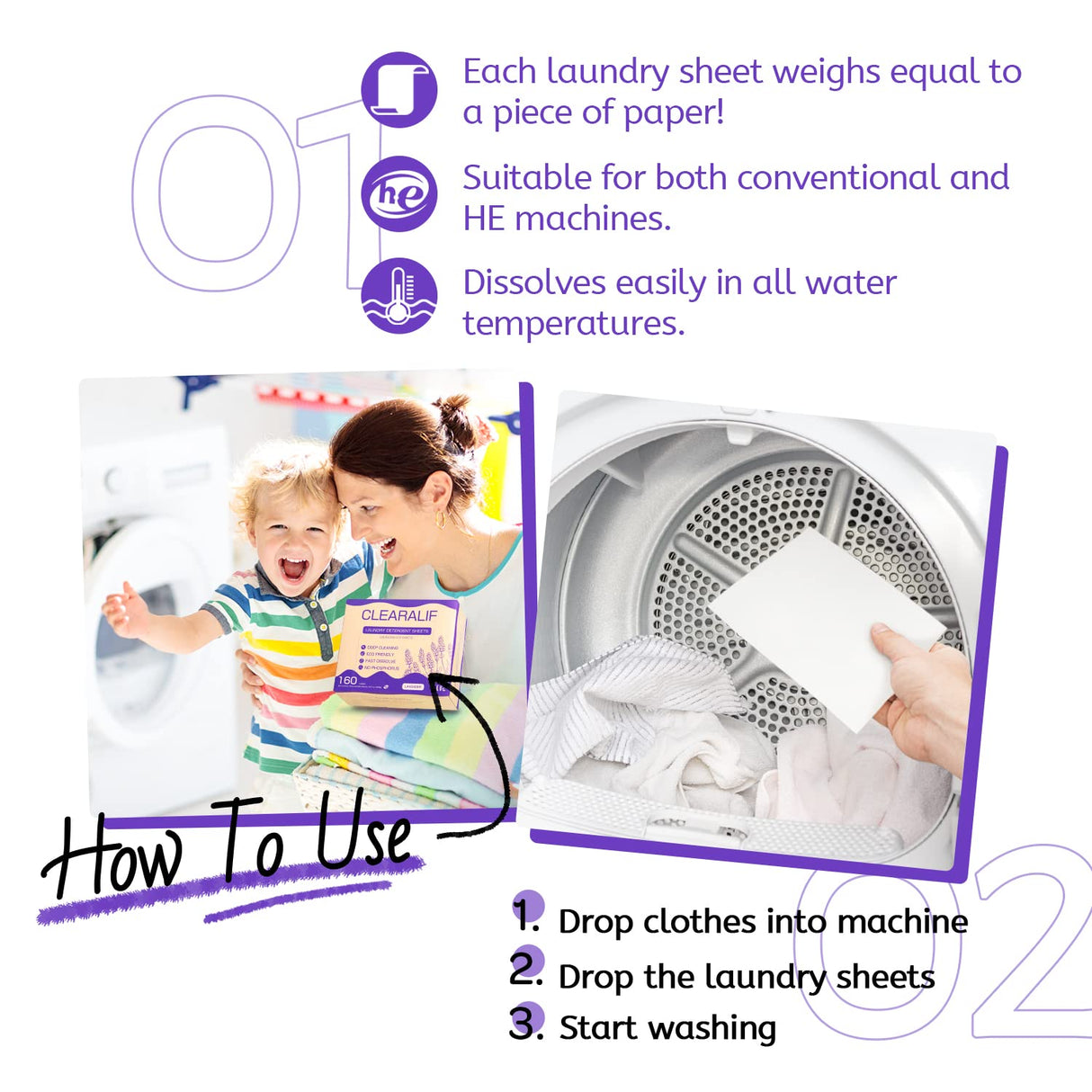 CLEARALIF Laundry Detergent Sheets, Lavender,Up to 480 Loads - Great For Travel,Apartments, Dorms,Laundry Detergent Strips Eco Friendly & Hypoallergenic (Pack of 3)