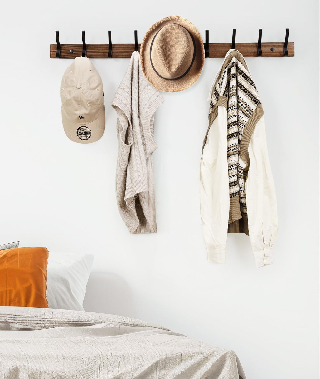 Optish Coat Rack Wall Mount, 16.5 Inches Wood Coat Hooks Wall Mount, Wall Coat Rack with 5 Hooks, Hat Rack Wall Hooks for Hanging Coat, Bag, Towel (2Pack, Brown)