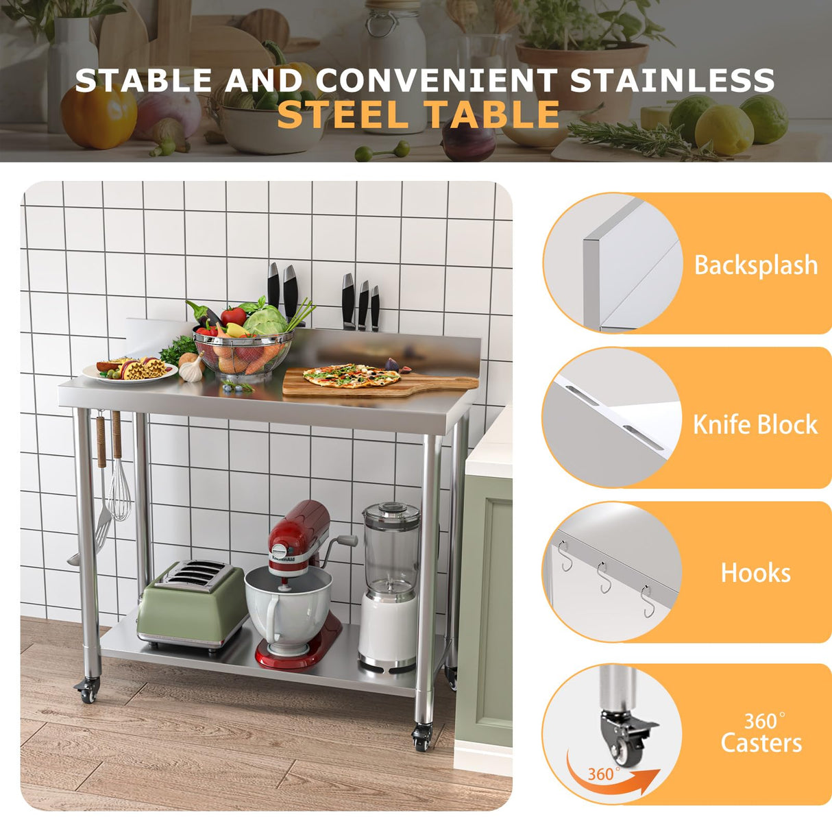 JFHID 48"x18" Stainless Steel Table with Wheels, Backsplash and Knife Blocks, Prep Tables for Commercial Kitchen Steel Countertop Work Table Workbench for Home Restaurant Garage