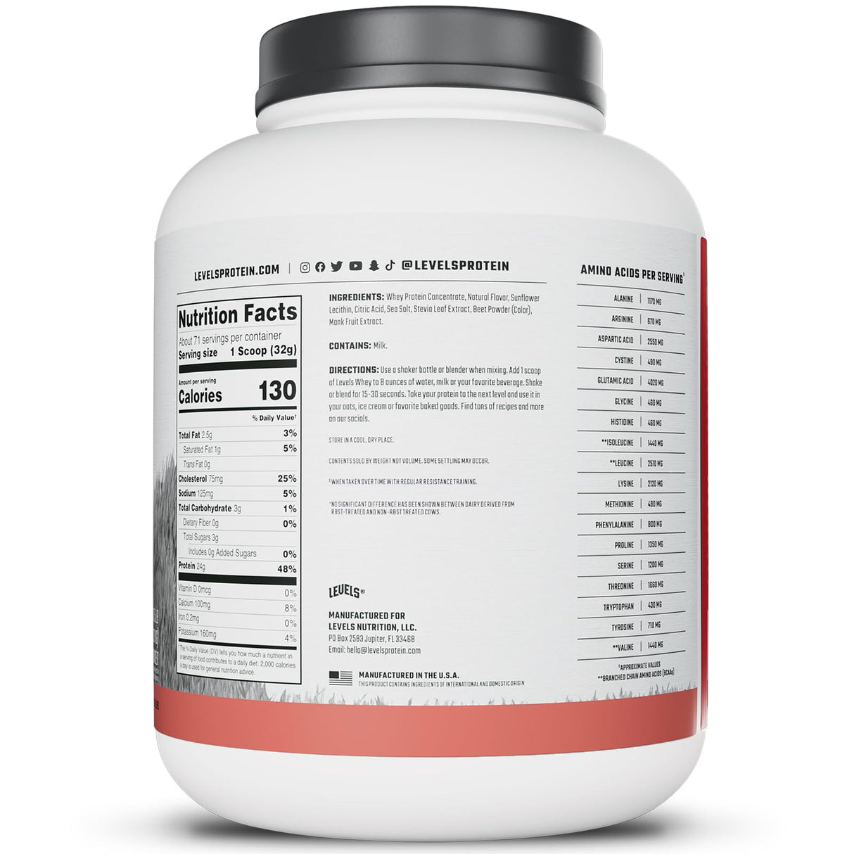 Levels Grass Fed Whey Protein Powder, No Artificials, 24G of Protein, Strawberry, 5LB
