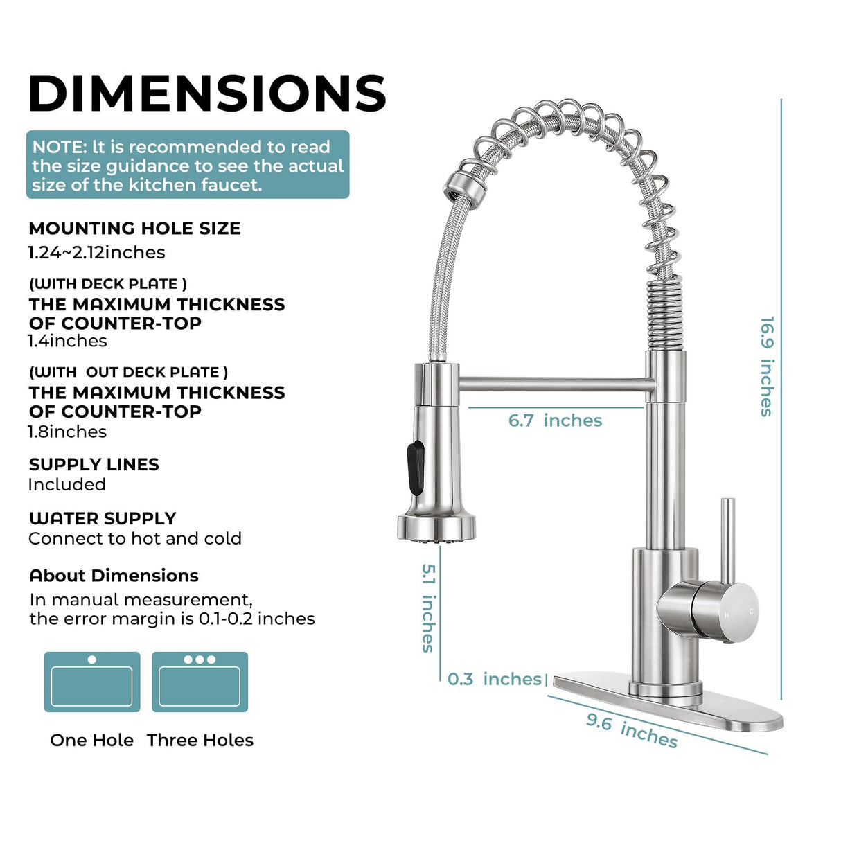 KHQF Kitchen Faucet with Pull Down Sprayer,Commercial Single Handle Stainless Steel Kitchen Faucets with Deck Plate (Brush Nickel)