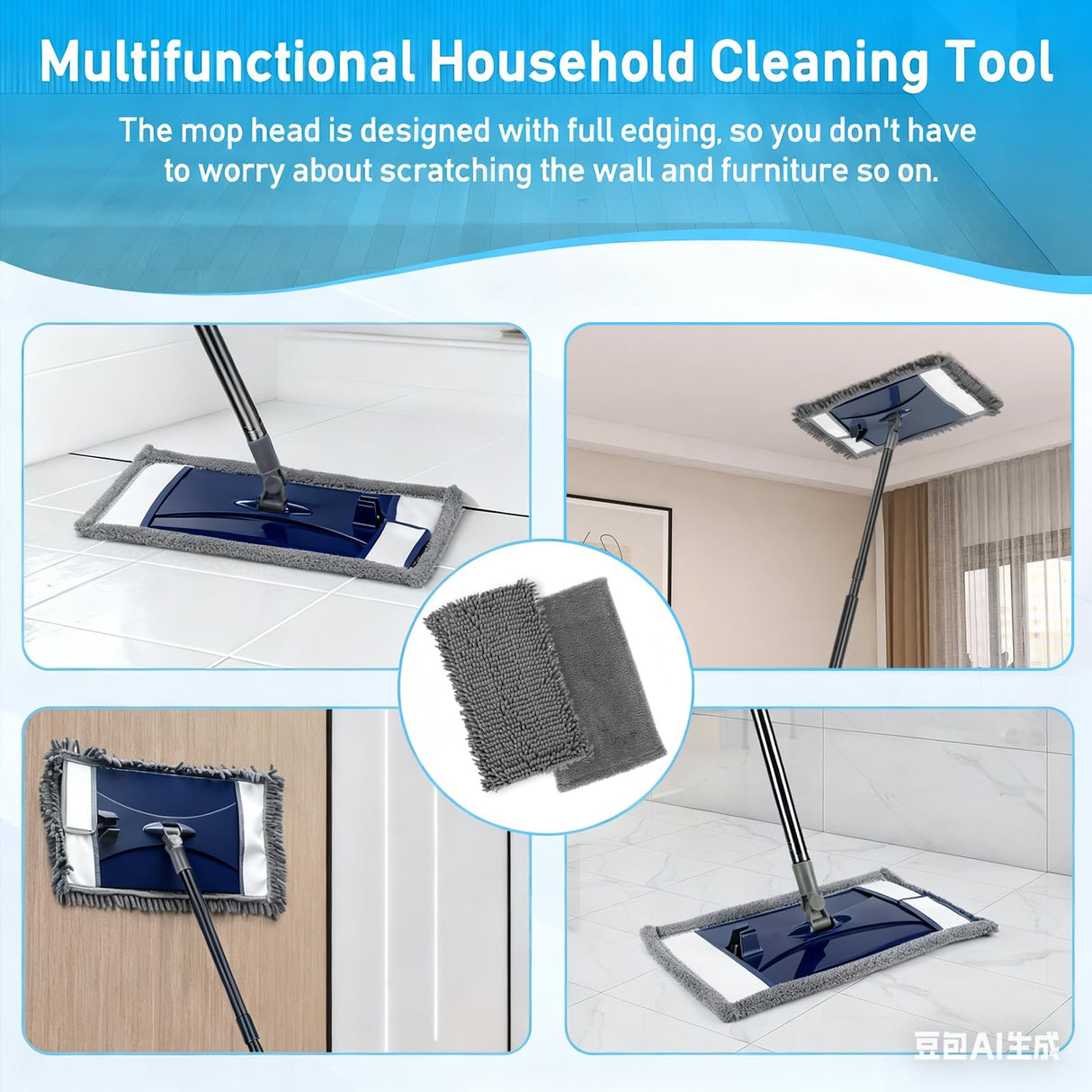 Wall Cleaner Mop with Long Handle, Extra Wall Dust Mop for Washing Walls with 2 Microfiber Reusable Pads,Floor Dry Wet Duster Mops for Wall Washer, Floor,Ceiling Cleaning,Blue