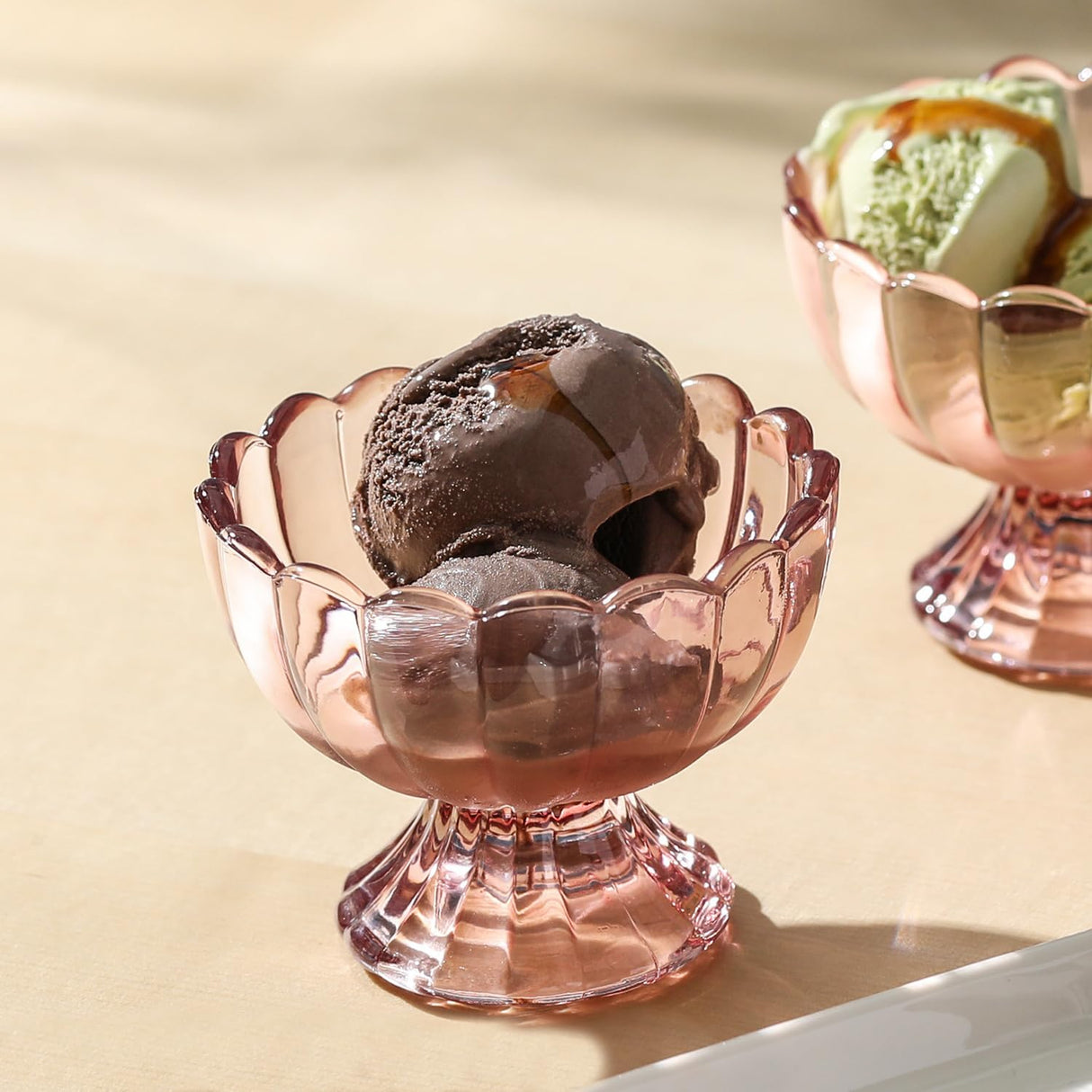 KMwares 6PCs Set 5oz Small Cute Footed Tulip Glass Dessert Bowls/Cups - Perfect for Dessert, Sundae, Ice Cream, Fruit, Salad, Snack, Cocktail, Condiment, Trifle and Christmas Holiday Party (Pink)