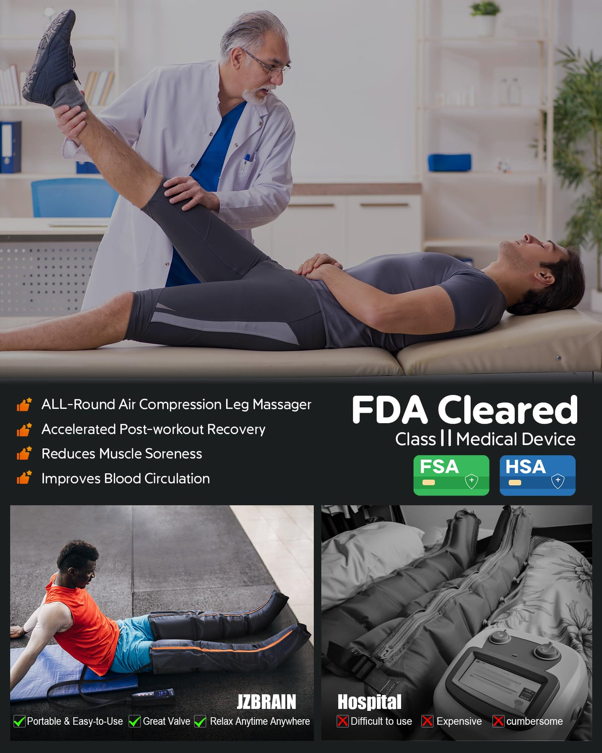 JZBRAIN Sequential Air Leg Compression Massager - FSA HSA Professional Full Leg Compression Boots for Athletes - Adjustable Intensity for Post-Workout Muscle Relaxation - Gifts for Him Her