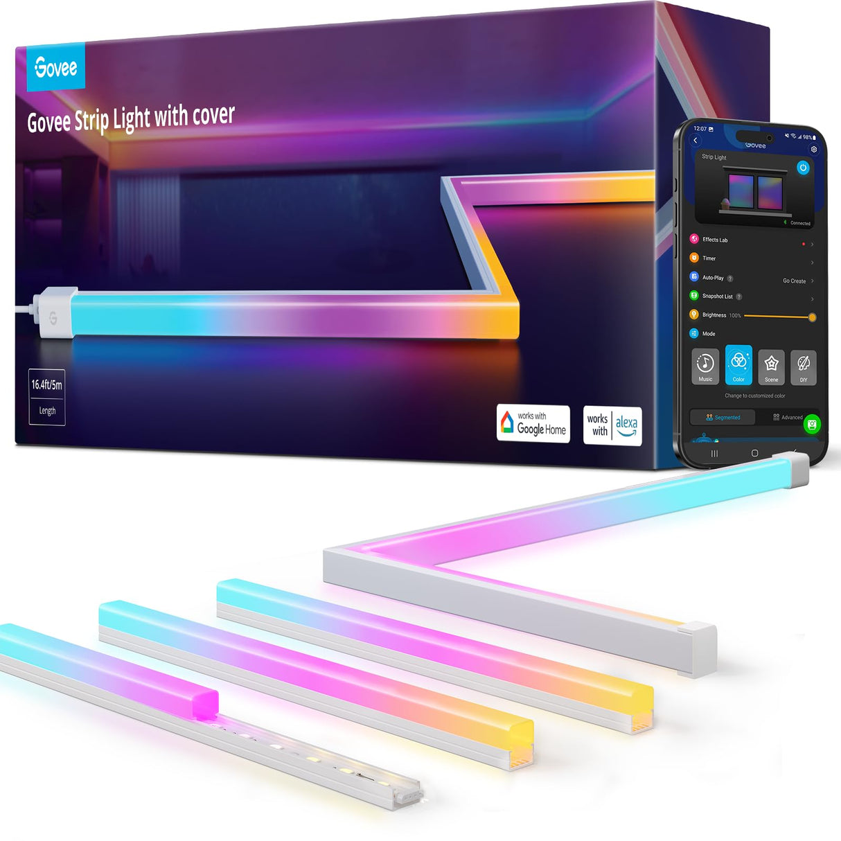 Govee RGBIC LED Strip Lights 16.4ft with Covers, Smart LED Lights for Bedroom Work with Alexa and Google Assistant, LED Diffuser Channel with Srtip Lights, Skirting Lines, Studio, Cabinet