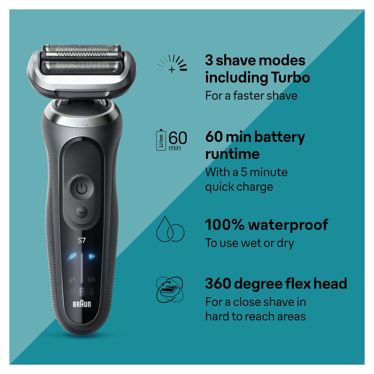 Braun Electric Shaver for Men, Series 7 7127cs, Wet & Dry Shave, Turbo & Gentle Shaving Modes, Waterproof Foil Shaver, Engineered in Germany, with Beard Trimmer, Charging Stand, Space Grey