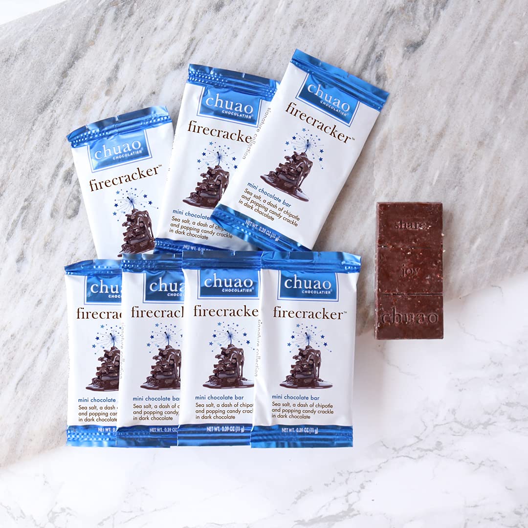 Chuao Chocolatier Firecracker Dark Chocolate Mini Bars | Gourmet Sea Salt Chipotle Popping Candies No Preservatives | For Gift Baskets, Christmas, Birthday, Care Package | 24 Pack