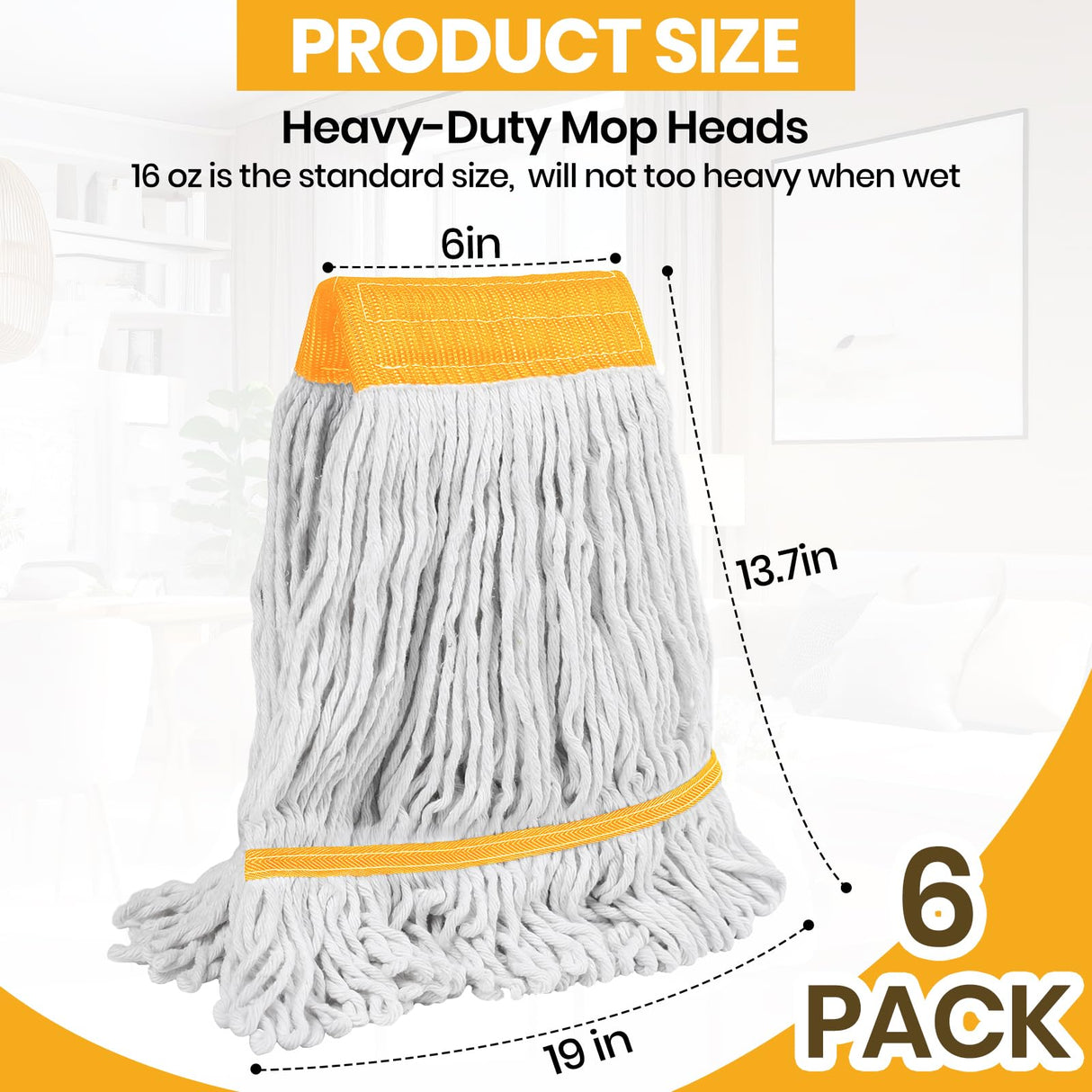 6PK Heavy Duty Commercial Mop Head Replacement- Loop End Cotton Blend String Refill for Side Loading & Clamp Style Mops, Restaurant , Janitorial & Industrial Cleaning(Yellow)