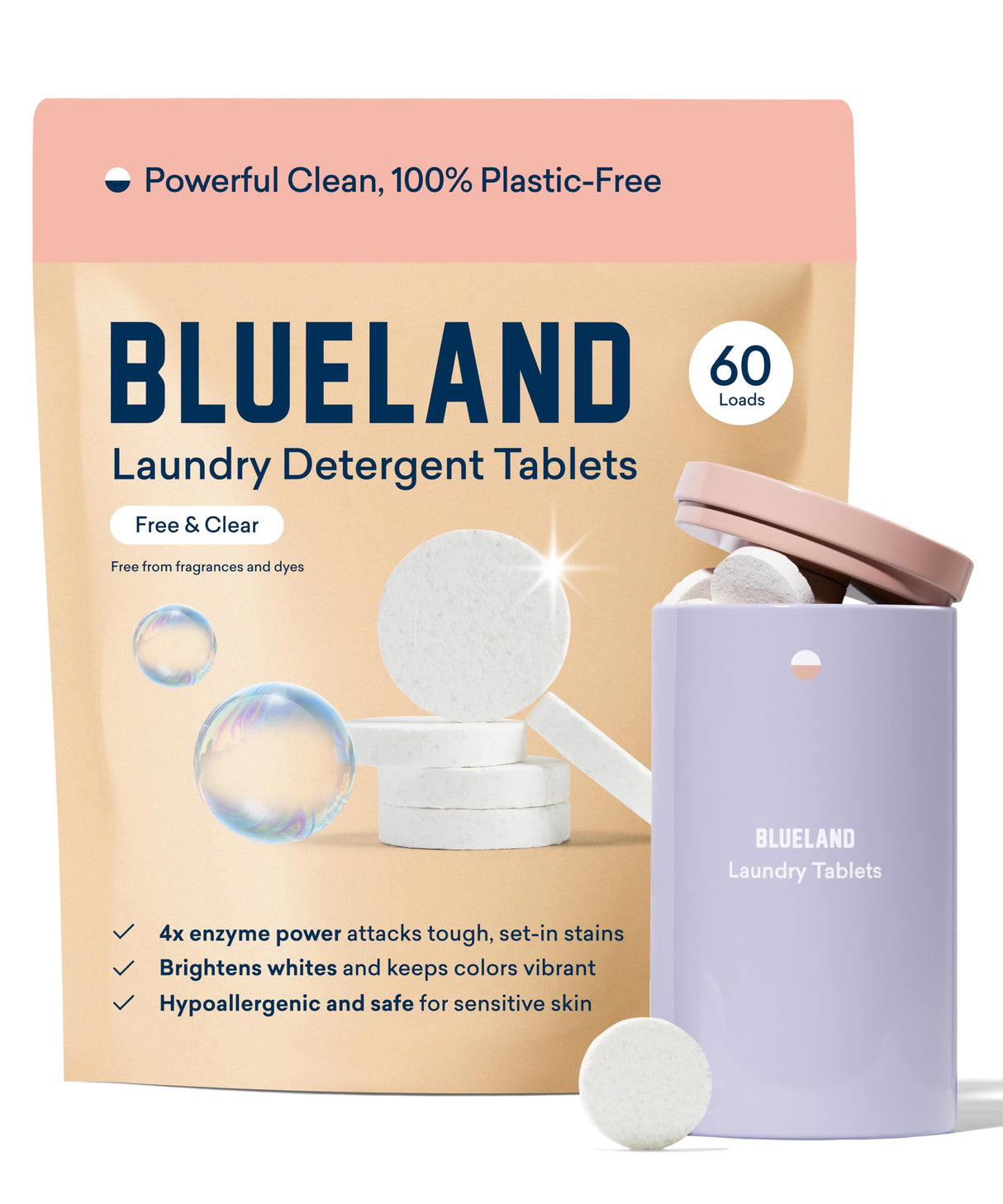 BLUELAND Laundry Detergent Tablets, Starter Set, 60 Count with Tin, Plastic-Free Eco-Friendly Pods, Sheets, Liquid Alternative - Fragrance Free and Clear, Natural, Gentle