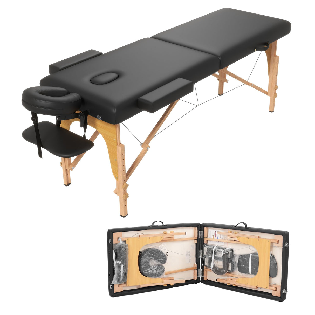 HENGJIANYI Massage Table, Portable 2 Section Foldable Tattoo Bed, Height Adjustable Lash Spa Bed with Face Cradle, Home Light Weight Facial Salon Bed with Wood Frame, Black