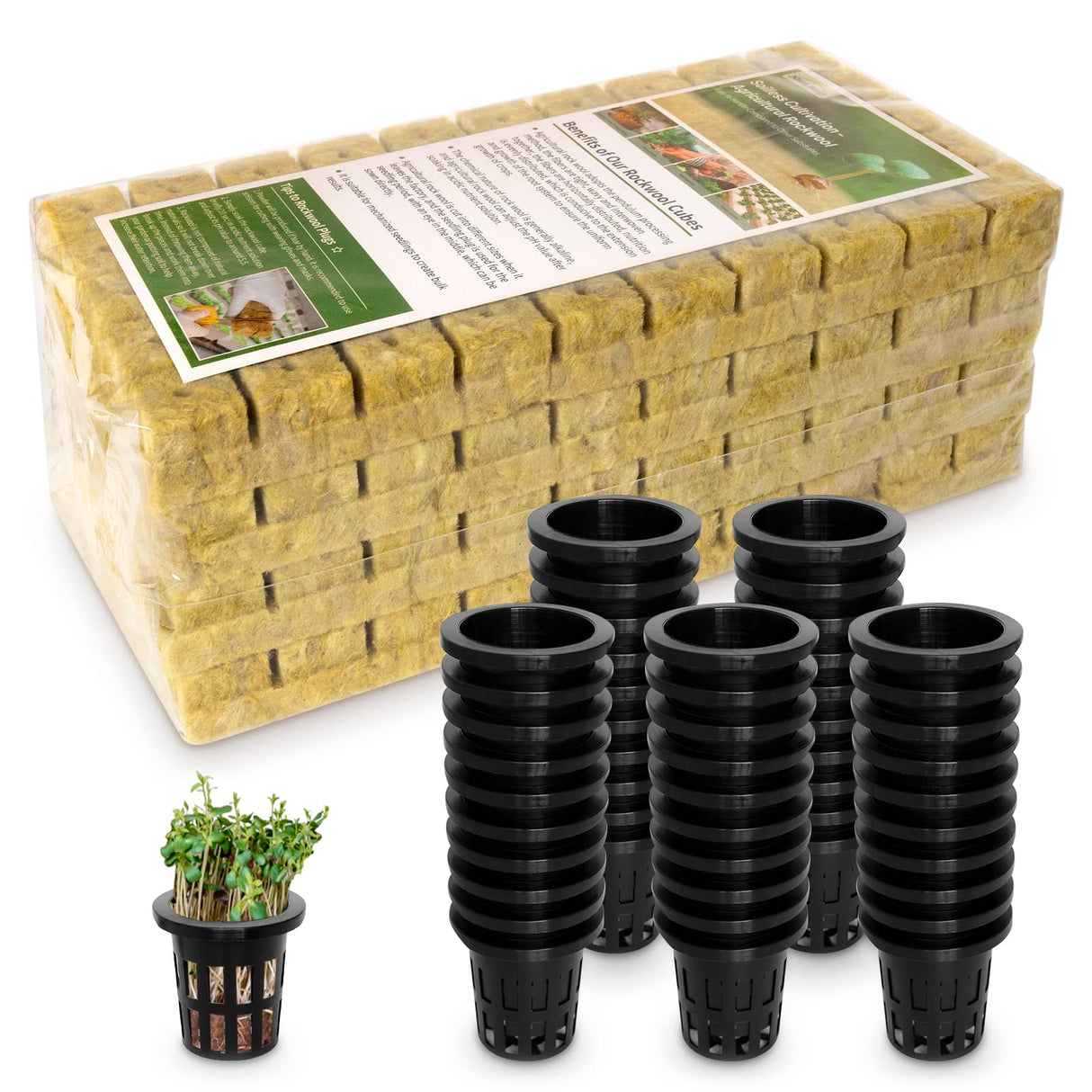Jowlawn 1" Rockwool Cubes for Hydroponics 200 Plugs with 50 Pack 1.5 inch Net Pots Hydroponics Supplies Cups for Rooting, Clone Plants, Starting Seeds, Ideal Rockwool for Hydroponic Growing