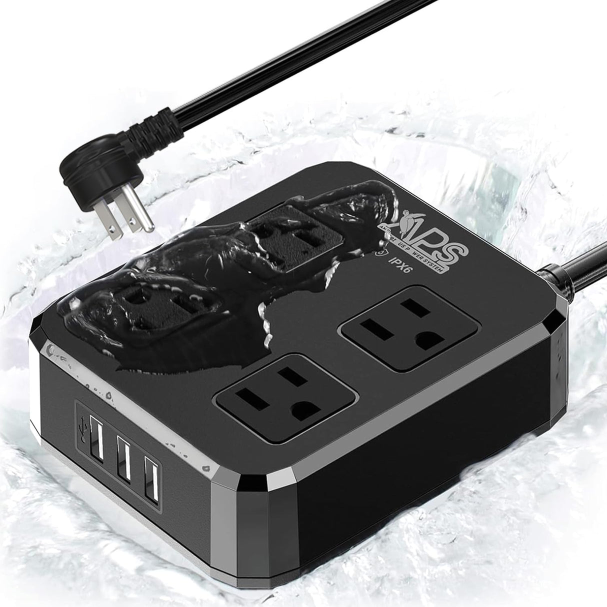 Outdoor Power Strip Weatherproof, Waterproof Surge Protector with 4 Wide Outlet with 3 USB Ports, 6FT Long Extension Cord,1875W Overload Protection,Outlet Extender for Christmas Lights ETL Black