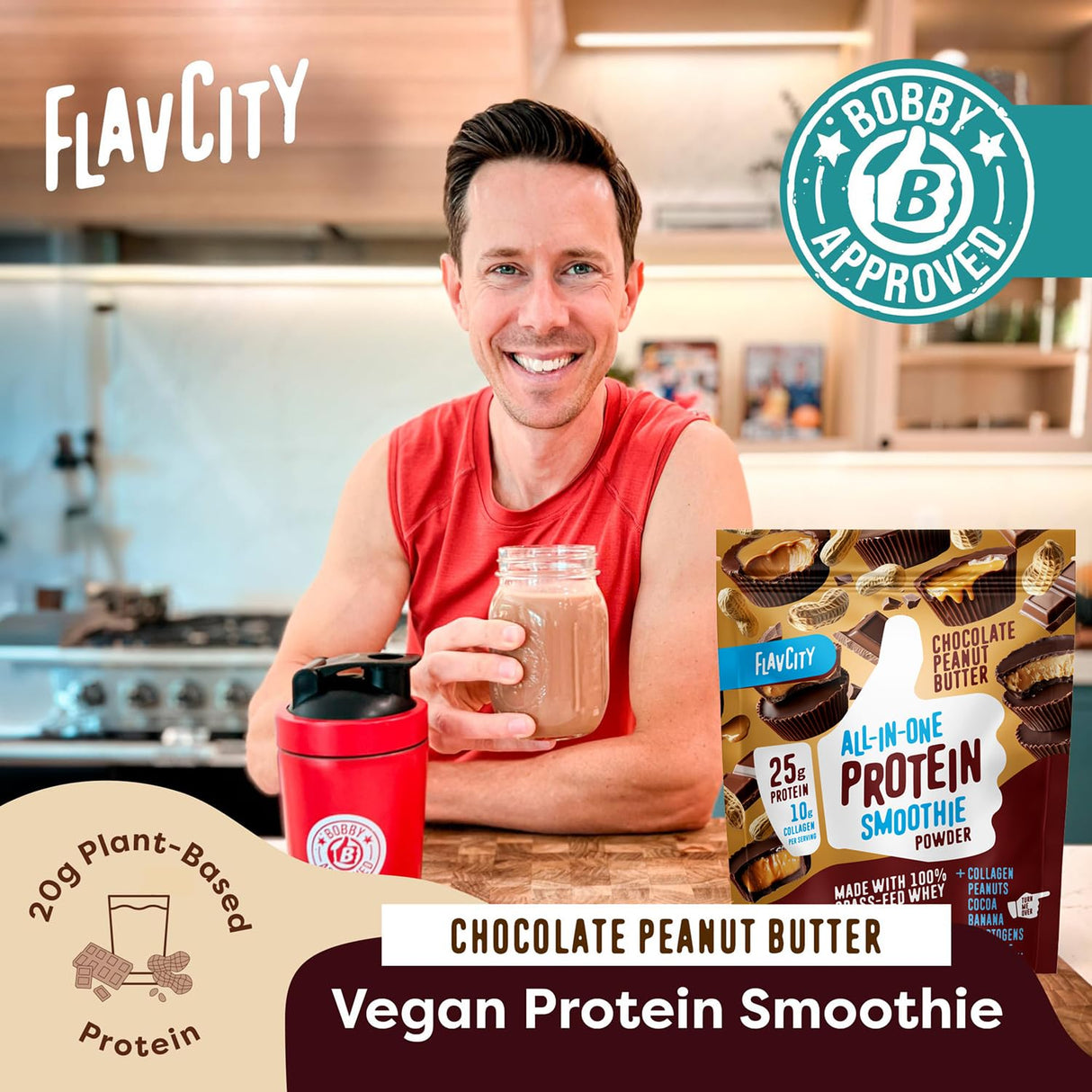 FlavCity Grass Fed Whey Chocolate Protein Powder - Chocolate Peanut Butter - 25g Protein & 10g Collagen - Made with Organic Cocoa & Coconut Milk - Gluten Free & No Added Sugars (20 Servings)