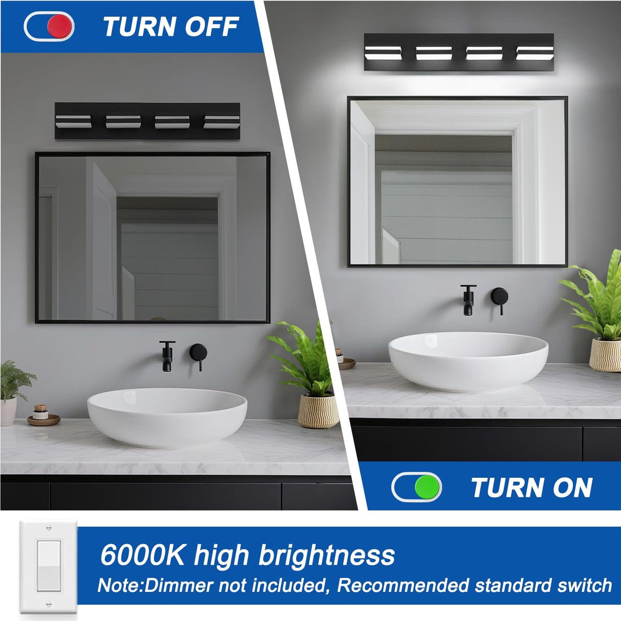 IZORRO LED Modern Bathroom Lights Fixtures(4-Light,Dimmable,360°Rotate),Matte Black Acrylic Wall Lighting,Vanity Lights for Bathroom Over Mirror - 6000k 24In (No Assembly Required)