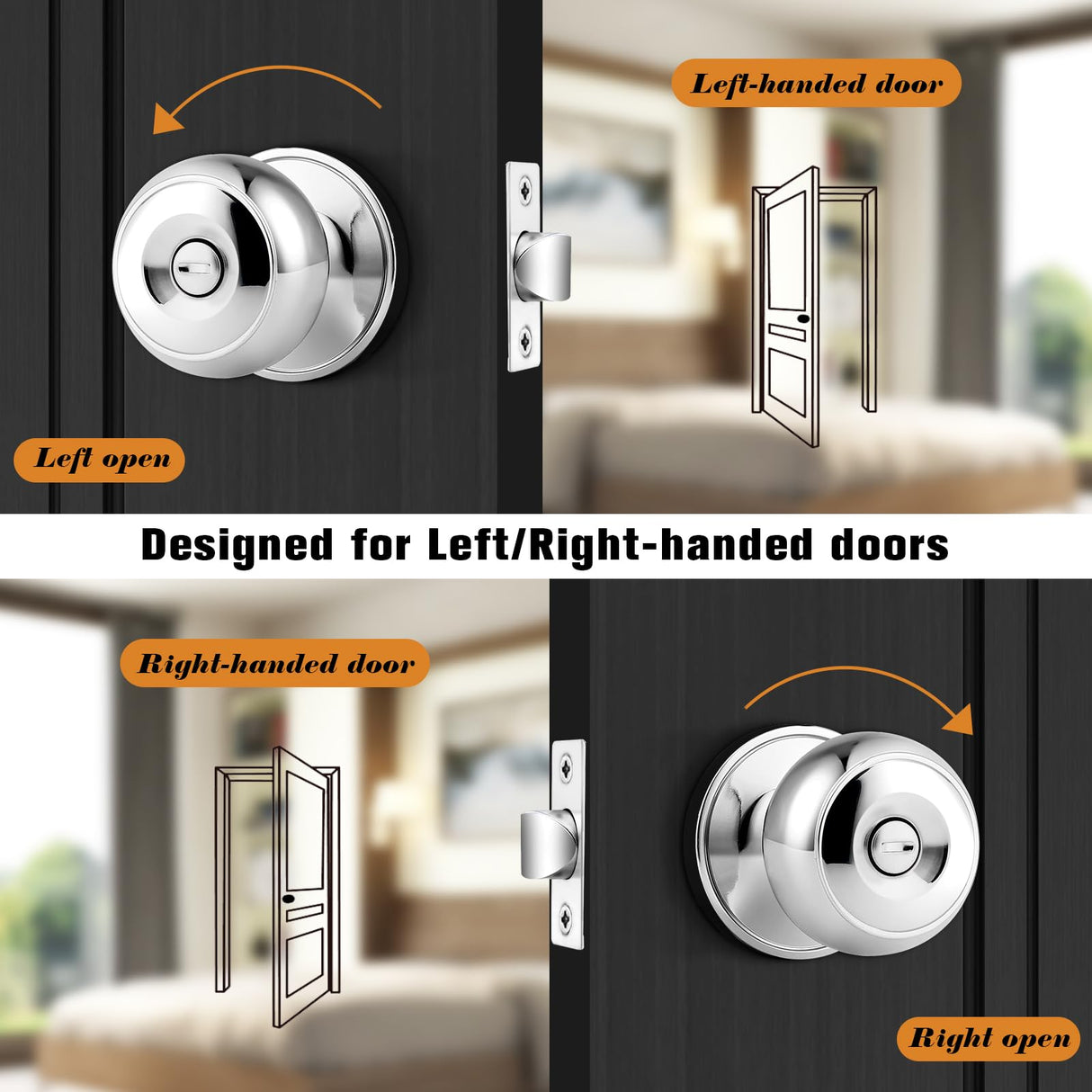Probrico Polished Chrome Privacy Door Knob, Interior Door Lock for Bathroom Bedroom, Keyless Round Ball Knob Handle, Thumb-Turn Locking, 1 Pack