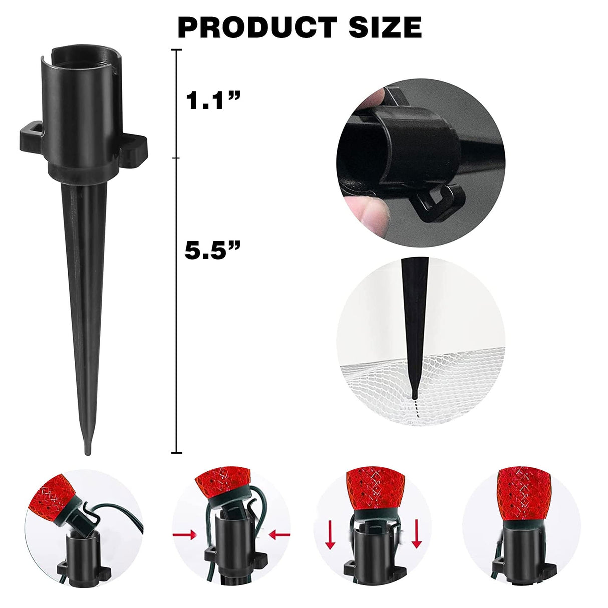 Dazzle Bright 5.5 Inch 100 Pcs C9 Christmas Light Ground Stakes for Outdoor Decor - Black Plastic Spikes for Lawn, Garden, Patio