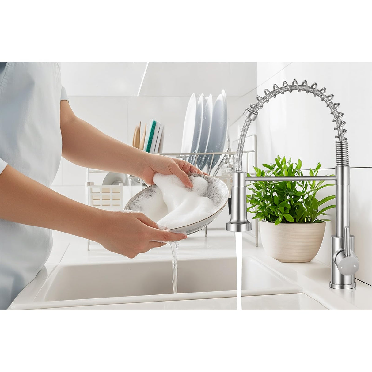 KHQF Kitchen Faucet with Pull Down Sprayer,Commercial Single Handle Stainless Steel Kitchen Faucets with Deck Plate (Brush Nickel)