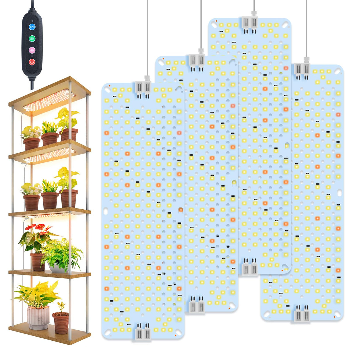 4-Pack Panel Grow Lights for Indoor Plants, FECiDA 2026 LED Plant Grow Light for Under Cabinet Plants, Full Spectrum Growing Lamp with 4,8,12,16,20 Hr Timer, Free Linking