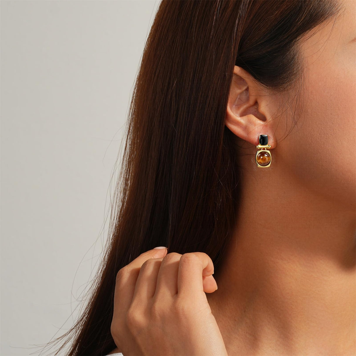 Sylph Tiger Eye Stud Earrings for Women, 18K Gold Plated and Black Brown Stone Dangle Drop Earring, Tigers Eye Jewelry Gifts