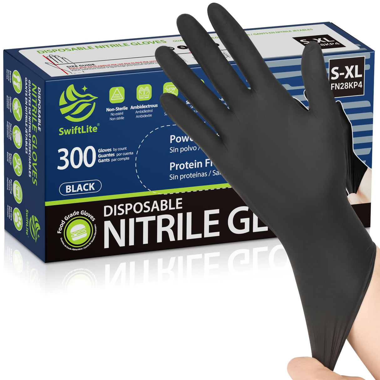 SWIFTLITE Nitrile Gloves, Disposable Black Gloves, Food Safe Rubber Gloves, Latex-Free, Powder-Free for Cooking, Cleaning, Food Prep (X-Large, 300 Counts)