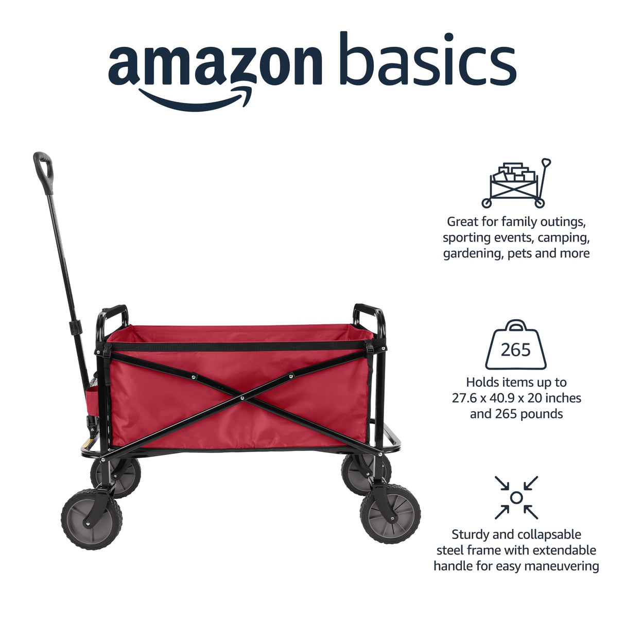 Amazon Basics Collapsible Heavy Duty Utility Wagon for Outdoor Sports, Camping, Garden, and Pets, Portable with Handle, 265 pounds Weight Capacity, 27.6 x 40.9 x 20 inches, Red