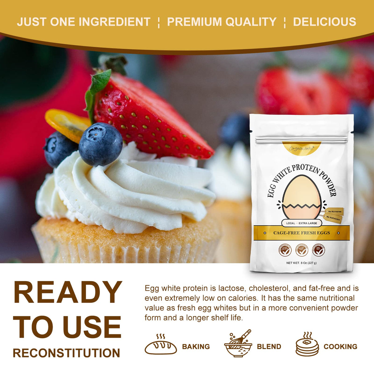 Orgnisulmte Egg White Protein Powder 8 Oz, Pasteurized Dried Egg Whites Protein, Gluten-Free, Non-GMO, Unflavored, Free Range High Whip for Baking, Desserts 227g