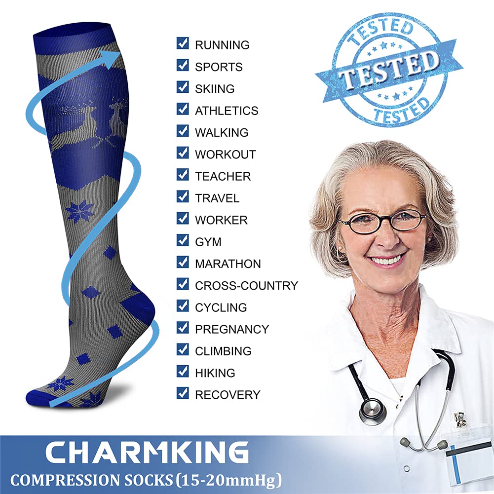 CHARMKING Compression Socks for Women & Men (8 Pairs) 15-20 mmHg Graduated Copper Support Socks are Best for Pregnant, Nurses - Boost Performance, Circulation, Knee High & Wide Calf (L/XL, Multi 17)