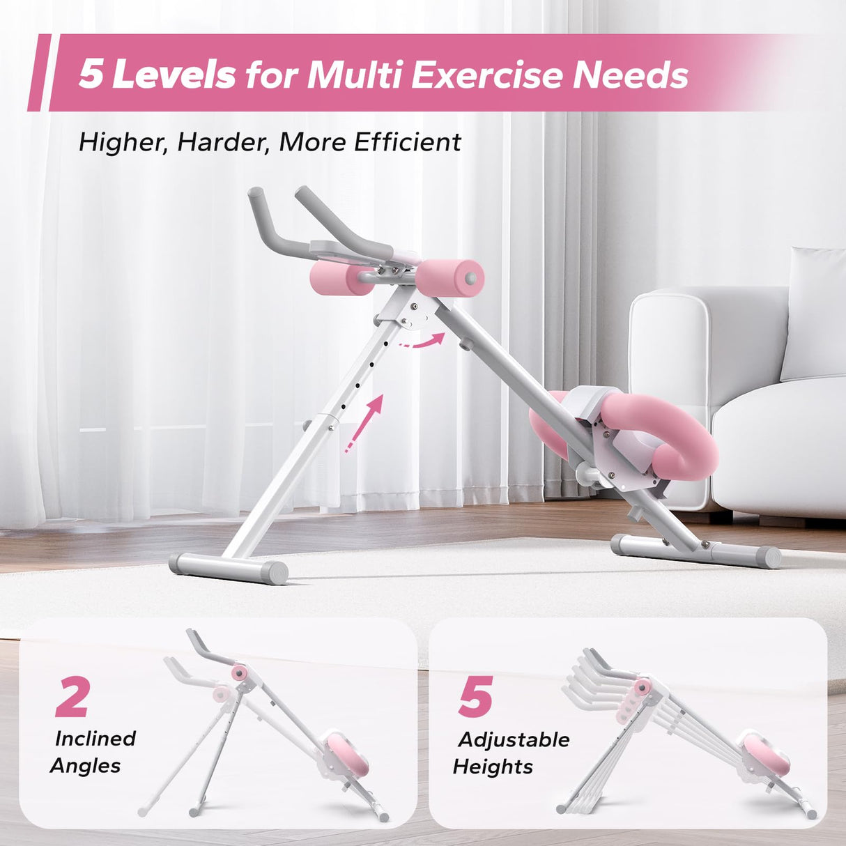 MERACH Ab Machine, Ab Workout Equipment, Adjustable Ab Trainer Machine for Abs Workout at Home Gym, Foldable, Knee Protection, Abdominal Trainer for Stomach (Pink)