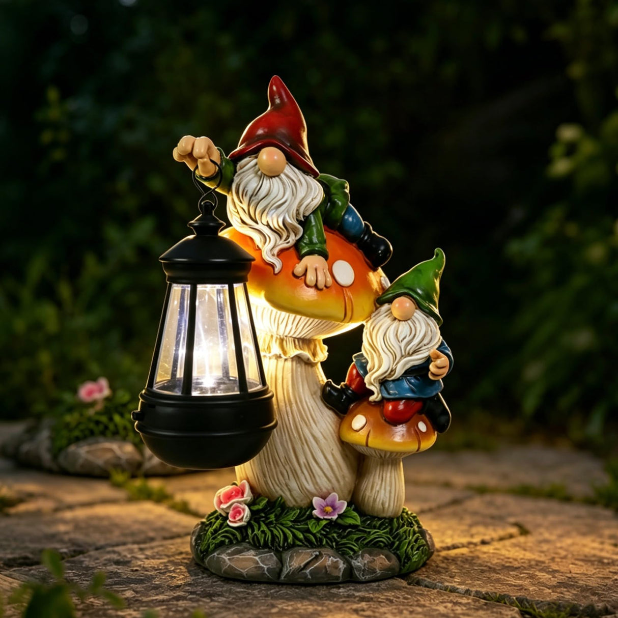 Ovewios Garden Gnome Statue, Large Funny Gnome Figurine Climbing on Mushroom and Holding a Solar LED Lantern Resin Ornament for Patio Yard Lawn Porch Outdoor Decor