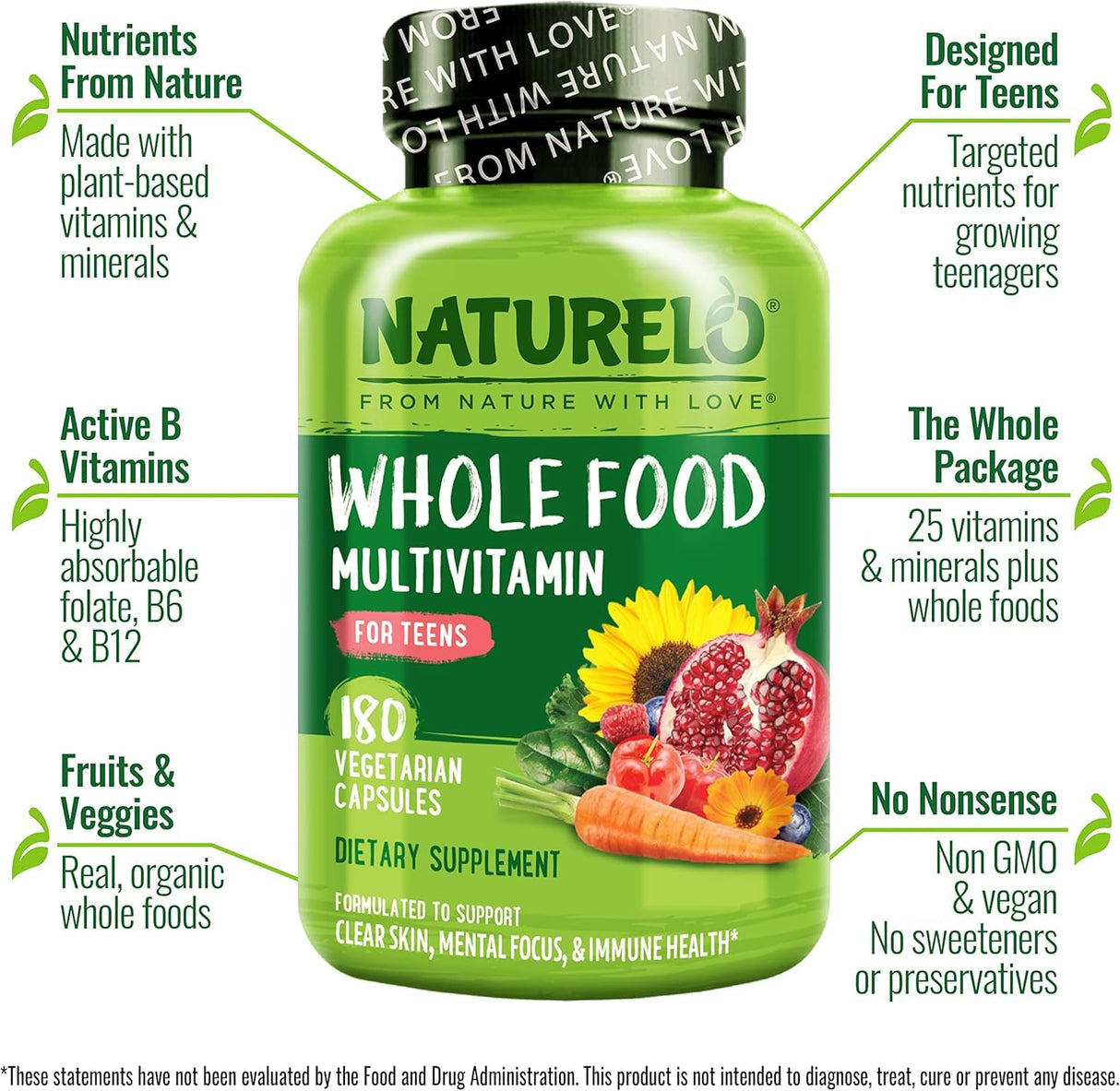 NATURELO Teen Multivitamin - Whole Food Multivitamin - with Minerals for Teenage Boys & Girls - Supplement for Active Kids - Non-GMO - Vegan & Vegetarian - 180 Capsules