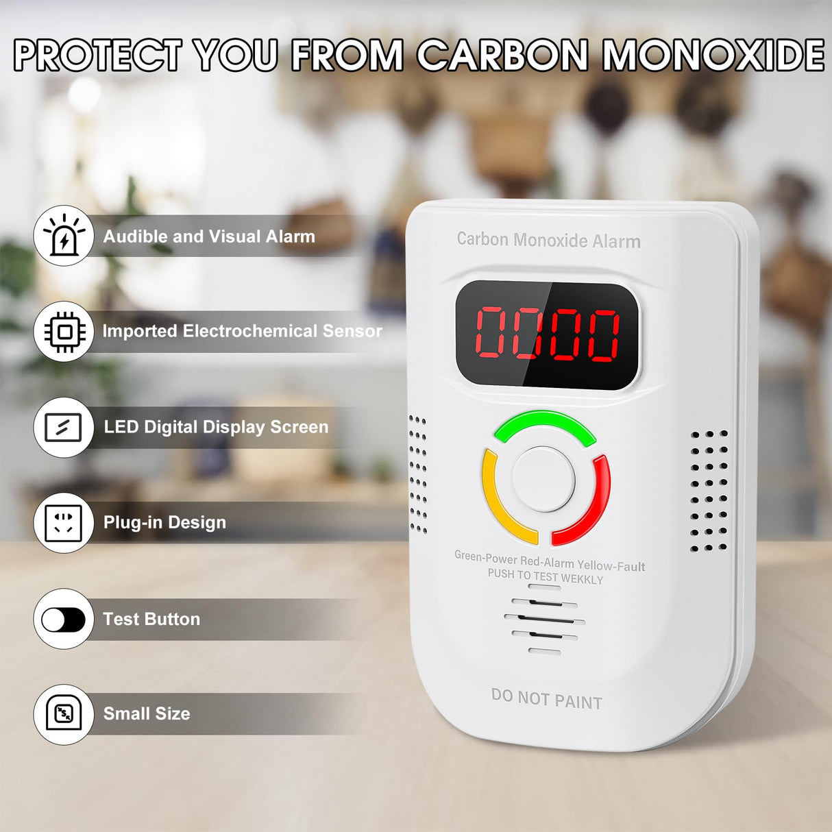 Portable Carbon Monoxide Detectors Plug in for Travel, CO Detector with LED Digital Display, Carbon Monoxide Alarm with Audible and Visual Alarm & Test Mute Button, CO Gas Monitor for Home/Hotel