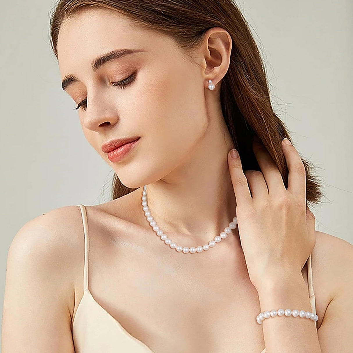 Pttozan Pearl Necklaces for Women,8mm White Pearl Necklace and Earring Bracelet Jewelry Set for Women Men Wedding Birthday Valentine Christmas Day Gifts