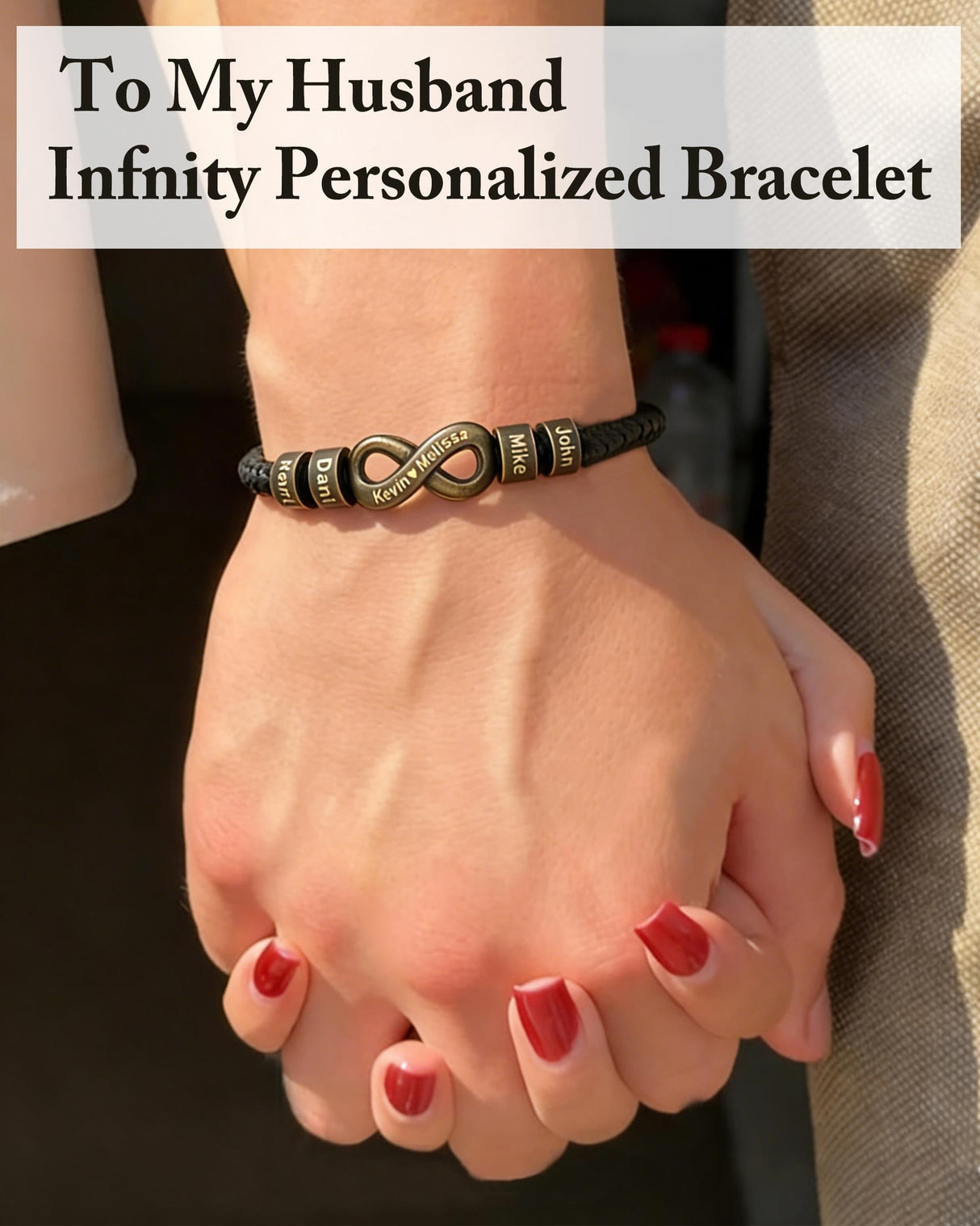 ziella Personalized Infinity Bracelet for Husband, Custom Braided Leather Bracelet with Engraved Name Beads, Anniversary Birthday Gift (9inch, Irreplaceable)