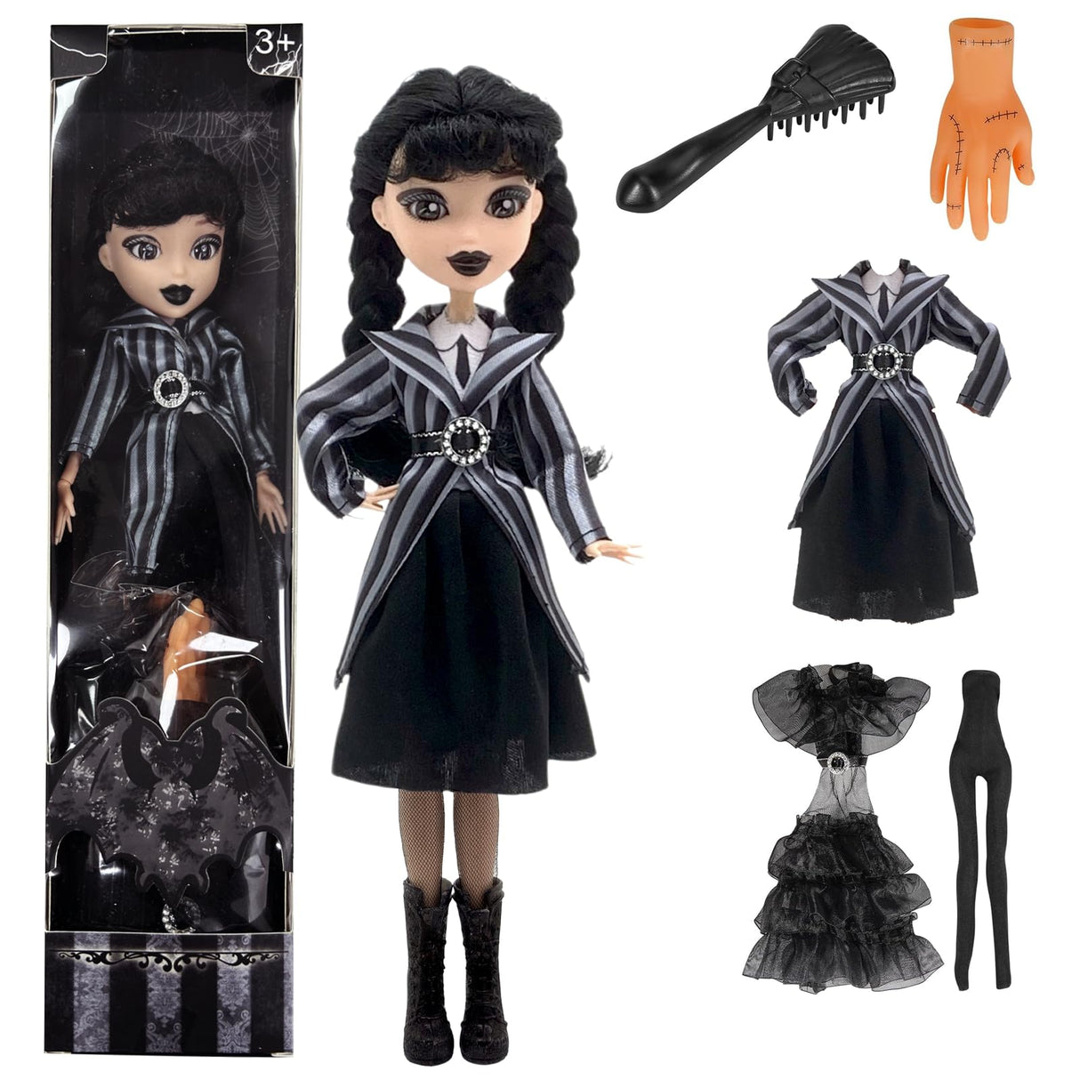 9" Addams Doll with Gift Box, Black Dress, High Heels and Hair, Perfect Christmas and Birthdays Toy Gift for Girls and Fans(New-B)
