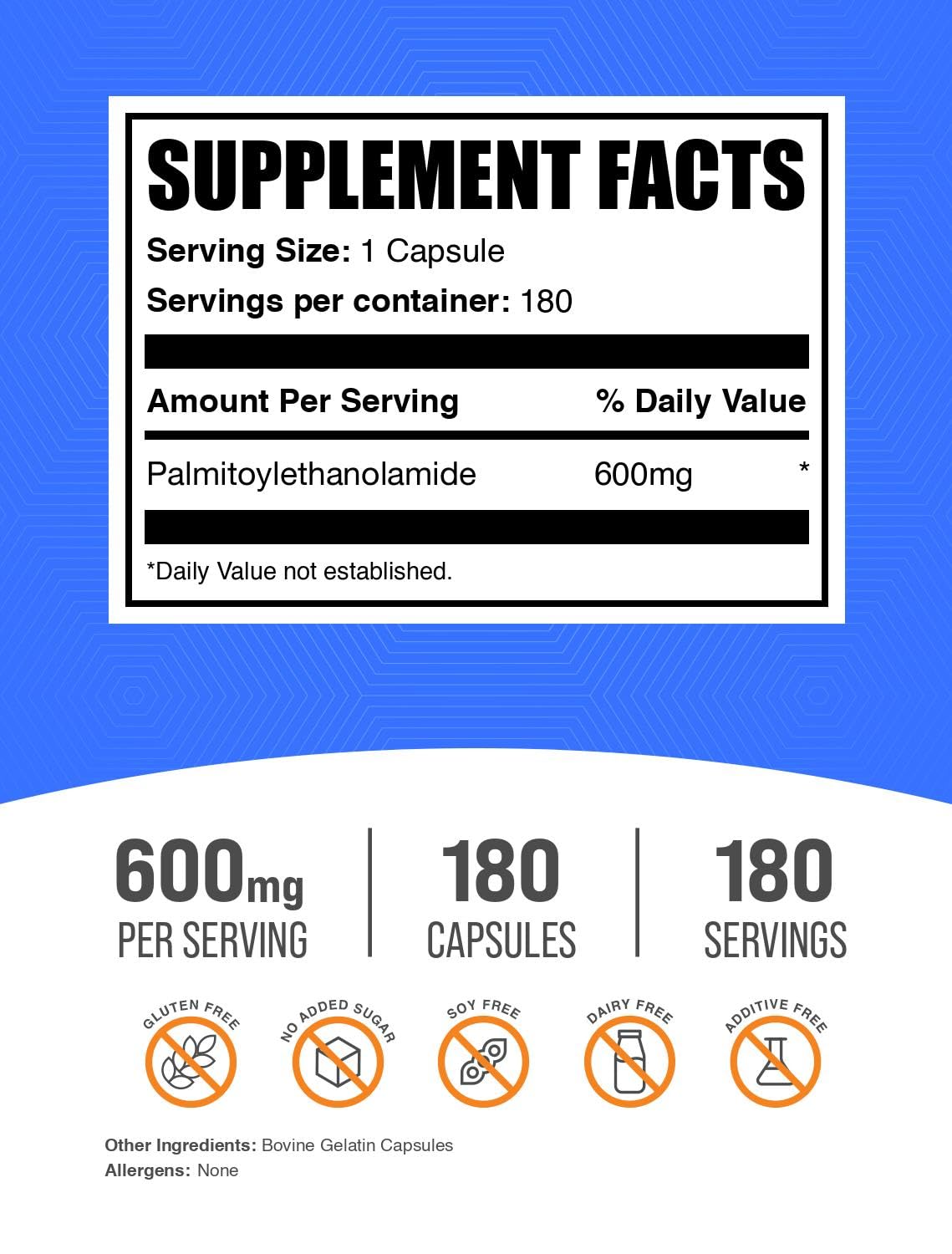 BulkSupplements.com Palmitoylethanolamide Capsules - Pea Supplement, Palmitoylethanolamide 600mg for Immmune Support - Gluten Free, 1 Capsule per Serving, 180 Capsules (Pack of 1)