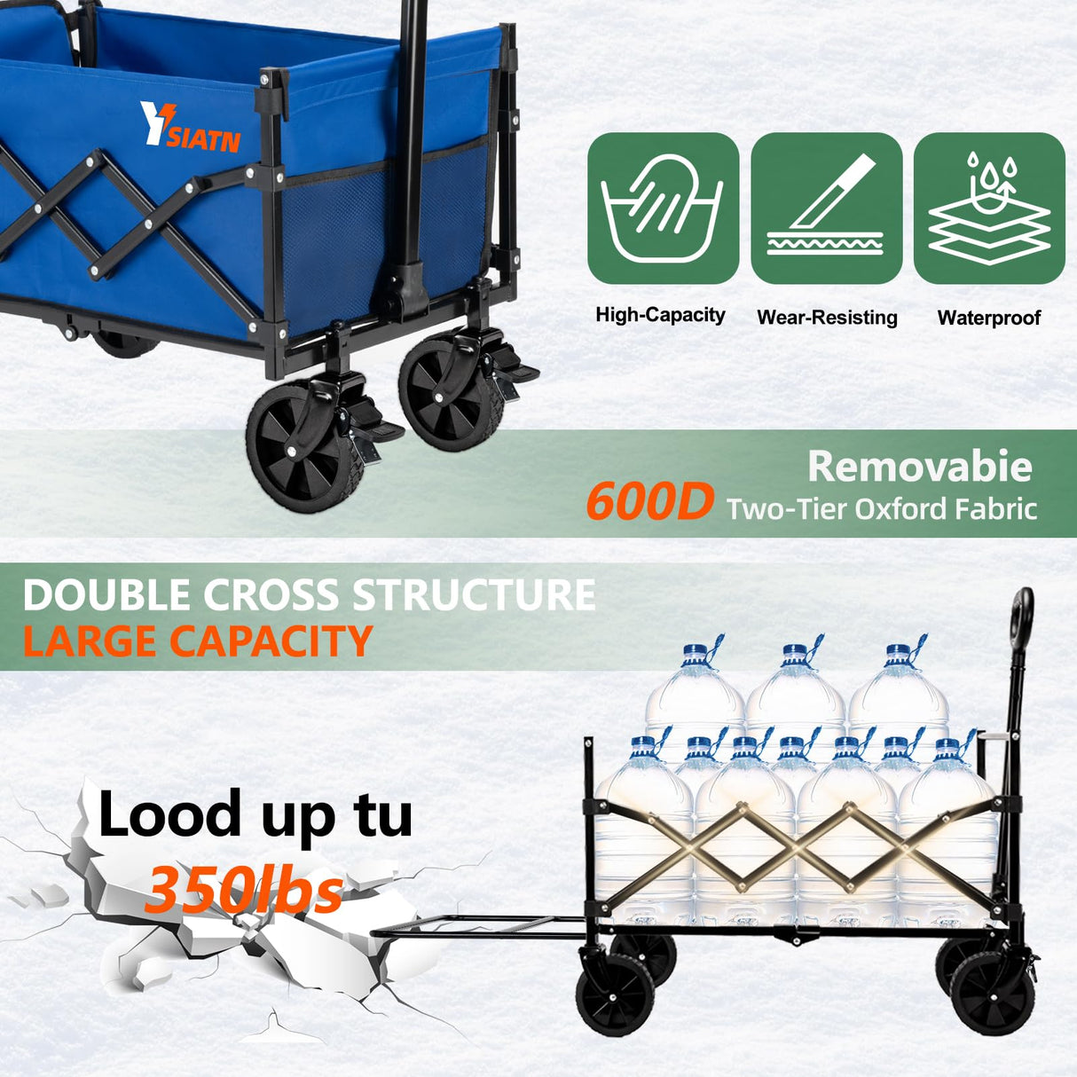 YSIATN Collapsible Folding Wagon Cart with Tailgate - 300lbs Heavy Duty Foldable Utility Wagon and Brake Wheels - 100L Lightweight Grocery Wagons for Shopping Camping Sports Garden, Blue