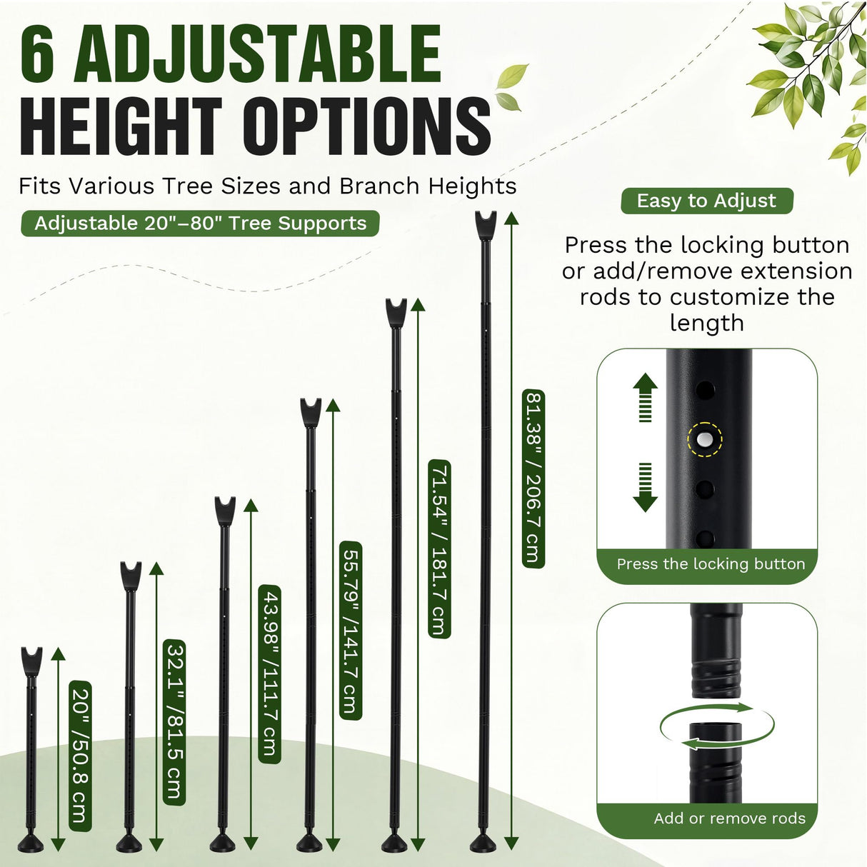 Carbon Steel Tree Support Pole with Crutch, Adjustable 20"-81" Tree Support for Leaning Trees, Prevents Fruit Trees Branch Breakage, Holds Up to 150 lbs, 360° Self Adjusting Base for Branch-Support