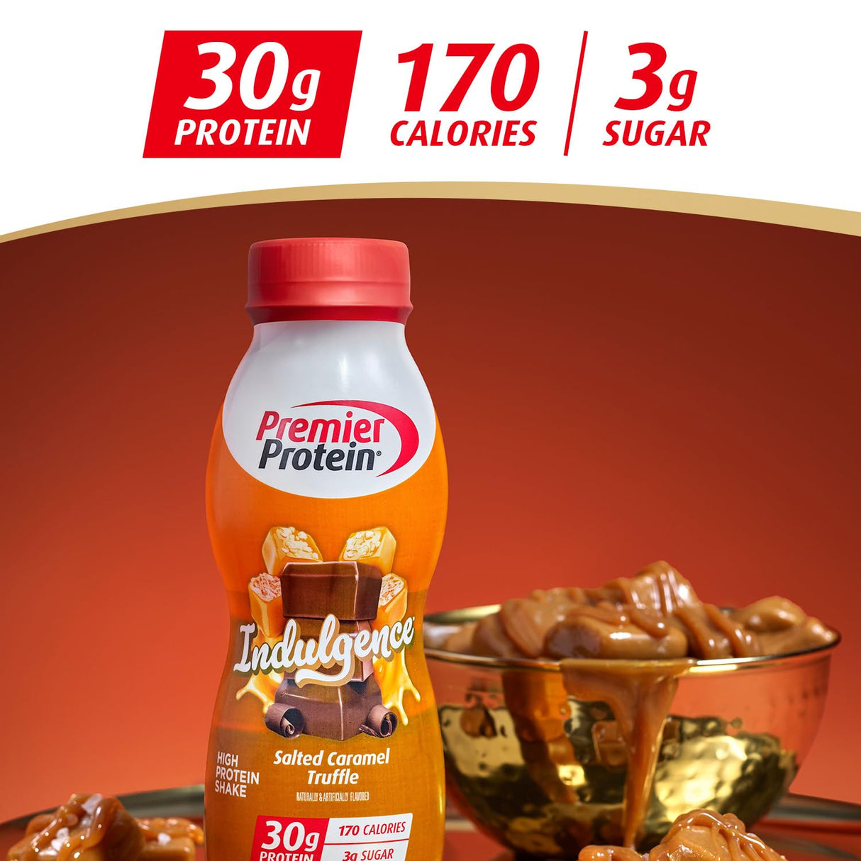 Premier Protein Indulgence Protein Shake, 30g Protein, 3g Sugar, Salted Caramel Truffle, 11.5 fl oz, Pack of 12