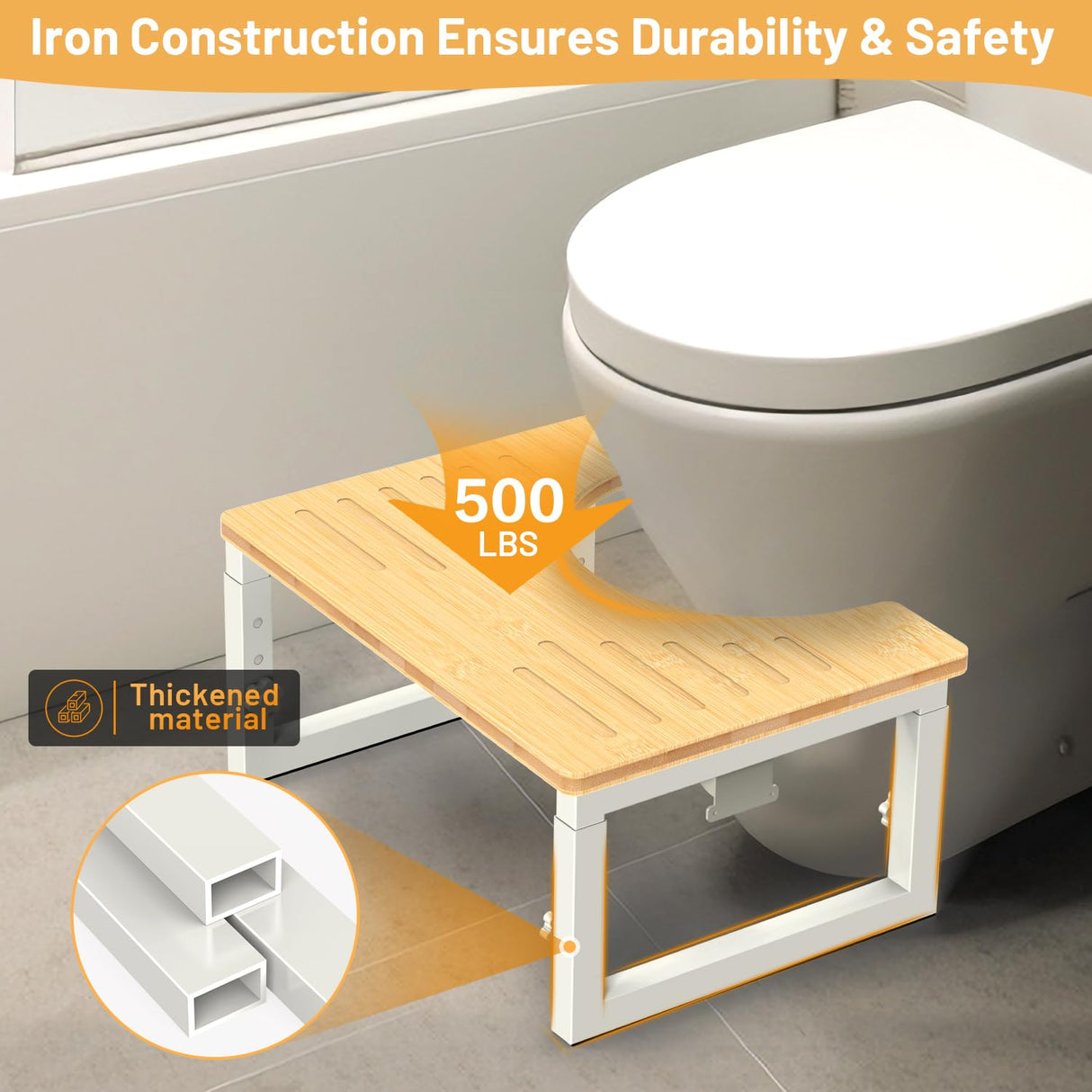 Bamboo Toilet Stool Foldable, 7 in, 8 in Or 9 in Adjustable Height Squat Stool Potty for Adults Kids, Sturdy Poop Step Stool for Bathroom, Improve Squatting Posture, Non-Slip,500 lbs Capability