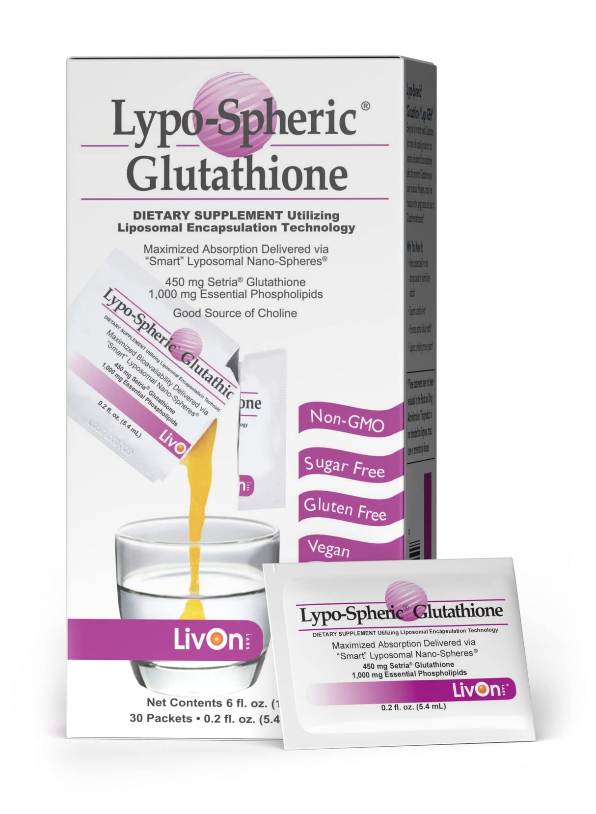 LivOn Laboratories Lypo-Spheric Glutathione - 30 Packets – 450 mg Glutathione Per Packet – Liposome Encapsulated for Maximum Bioavailability – Professionally Formulated – 100% Non-GMO