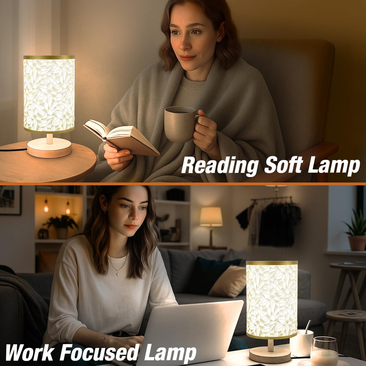 EZIYIN Desk Lamp LED Bulb Included, Small Bedside Table Lamp Plug-in - Classic Wood Base with Flaxen Fabric Shade, Lamps for Night Stands, Simple Nightstand Light for Bedroom, Office, Desk