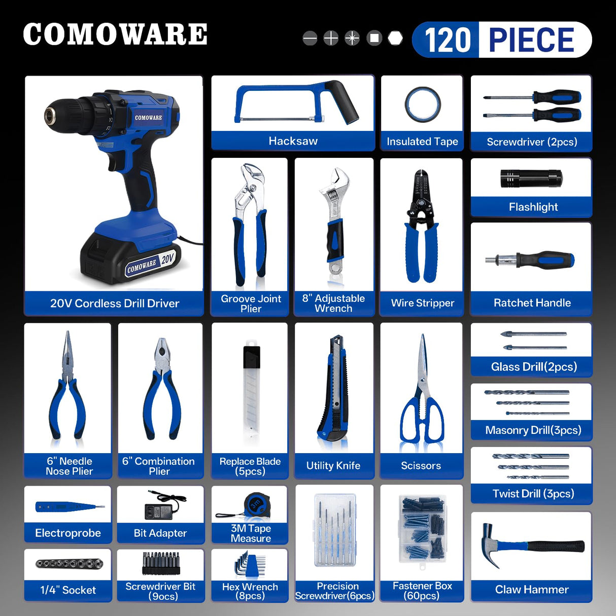 COMOWARE Household Tool Set with 20V Cordless Drill Driver, 120Pcs Hand Tool Kit for Men, Power Drill Set with Plastic Toolbox, Ideal for Office, Garden, DIY Project