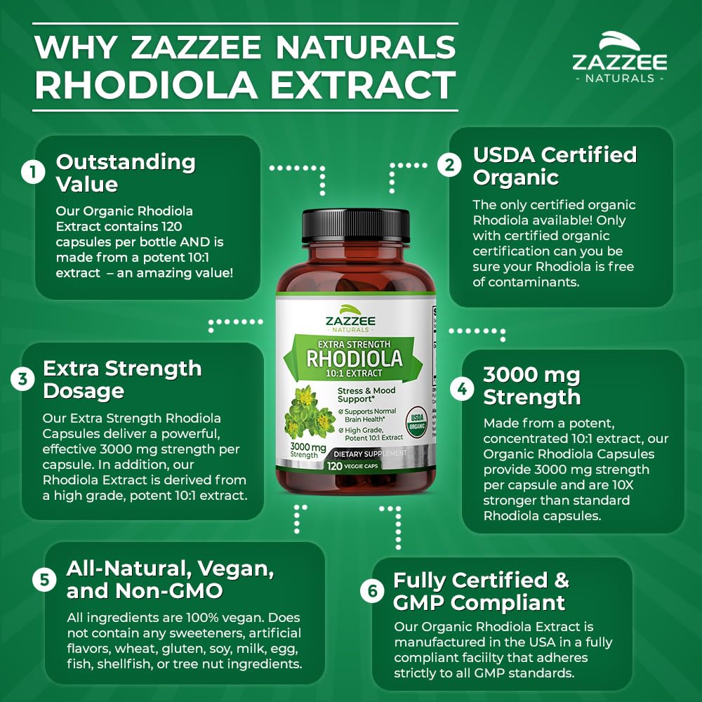 Zazzee USDA Organic Rhodiola 10:1 Exract, 3000 mg Strength, 120 Capsules, 4 Month Supply, Standardized and Concentrated 10X Extract, 100% Vegetarian, Extra Strength, All-Natural and Non-GMO